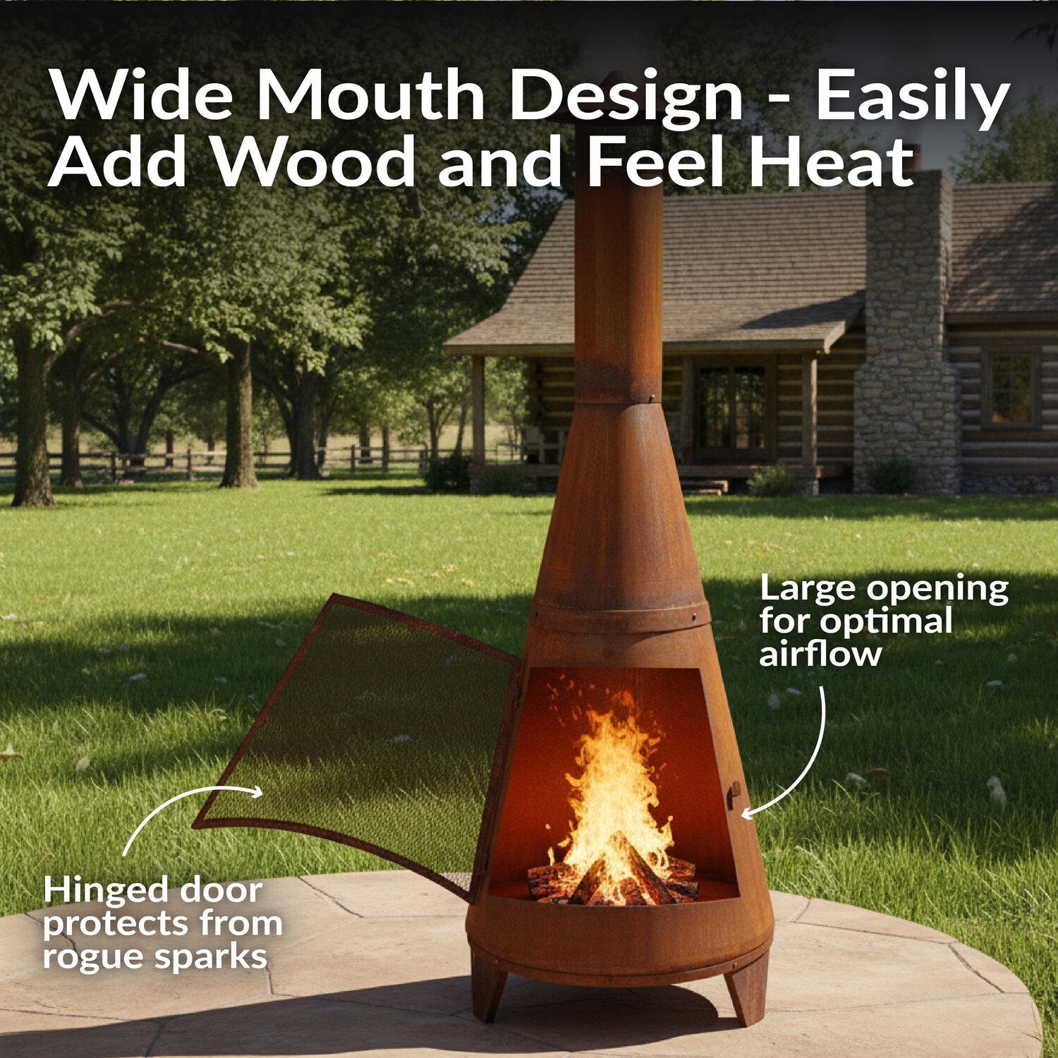 Ultimate Patio 70-Inch Rustic Steel Wood Burning Chiminea - Rust - Wide Mouth Opening - Detail thumbnail