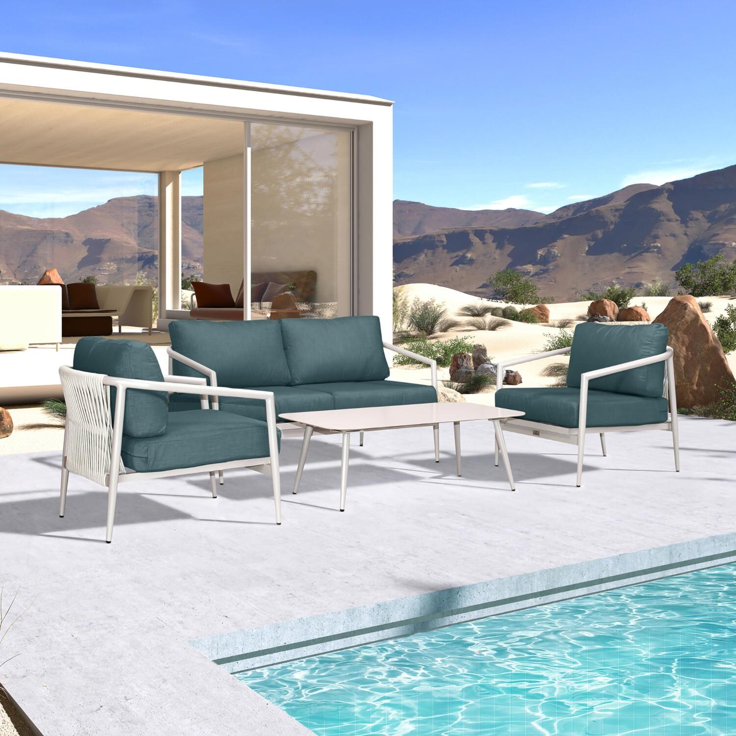 Lakeview Midnight Cove 4 Pc Aluminum Loveseat Seating Set in Urban Stone/Carrera/Cast Lagoon - Angled - Lifestyle thumbnail