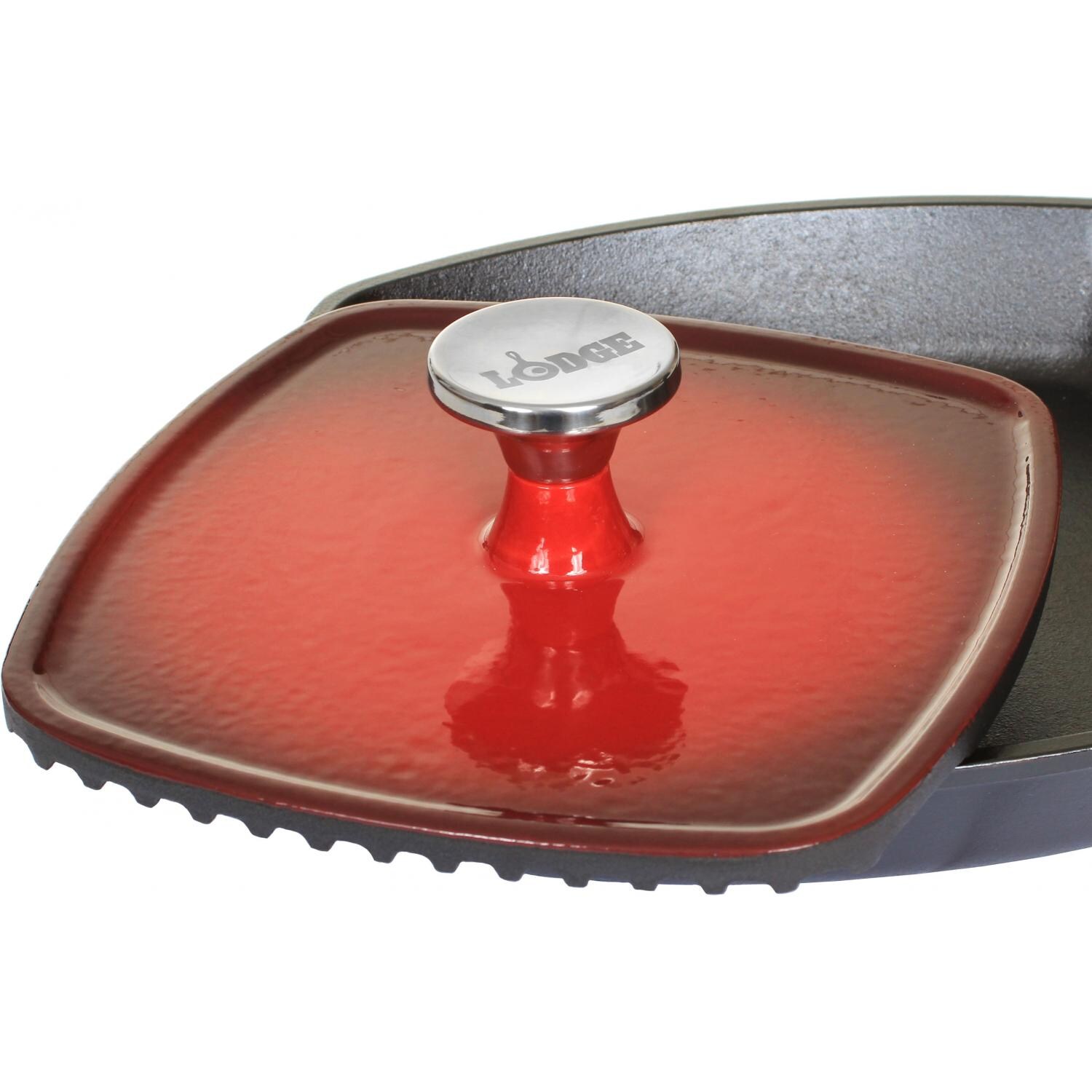 Lodge Panini Press Spice Cast Iron Enamel Island Panini Press, Gradated Red - Shown With Pan thumbnail