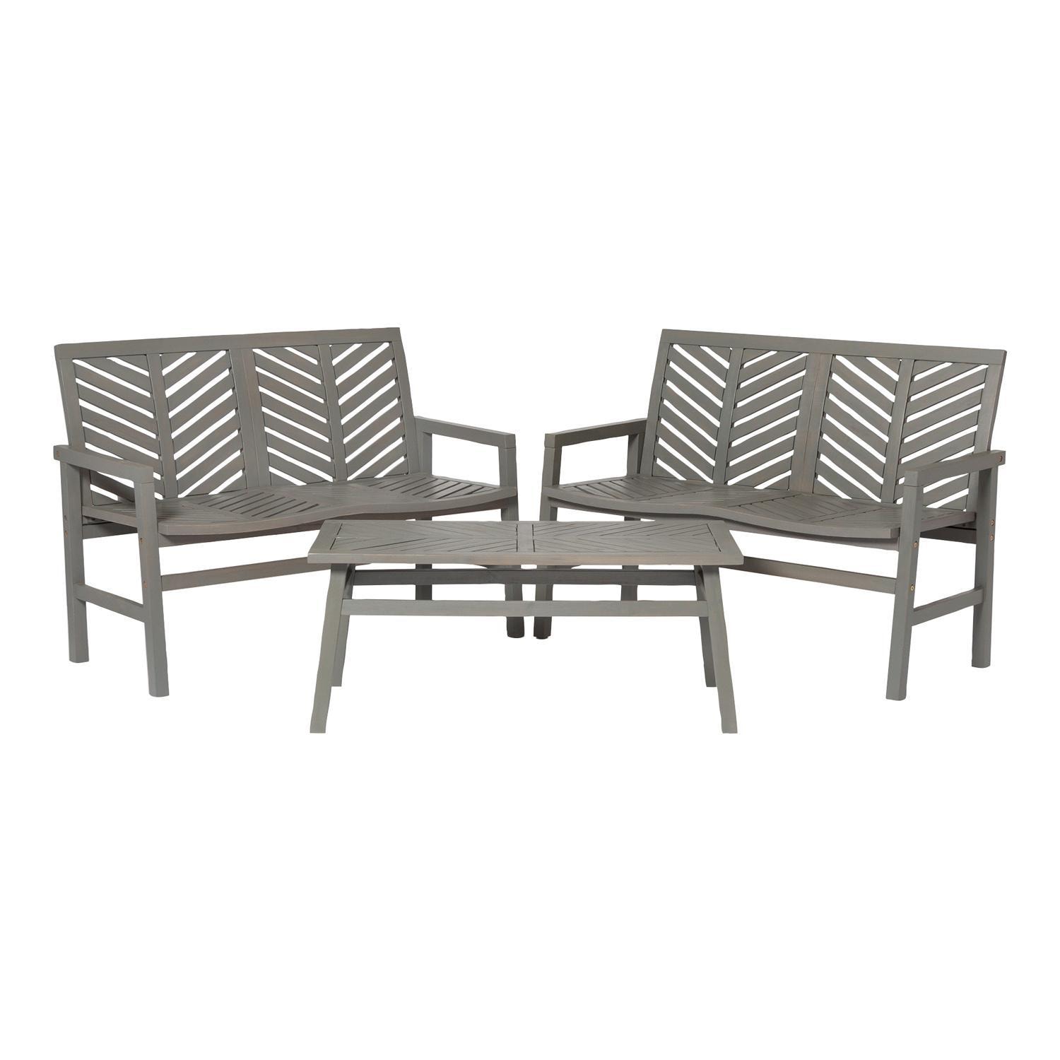 Ultimate Patio Wishlake 3 Piece Acacia Patio Conversation Set W/ 42 X 20 Inch Rectangular Table - Gray Wash - Front View thumbnail