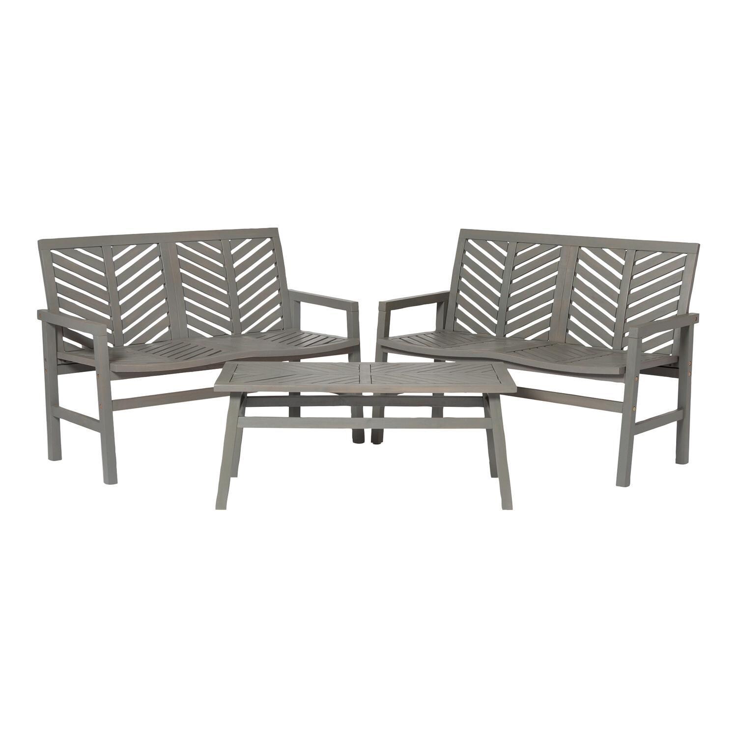 Ultimate Patio Wishlake 3 Piece Acacia Patio Conversation Set W/ 42 X 20 Inch Rectangular Table - Gray Wash - Front View thumbnail
