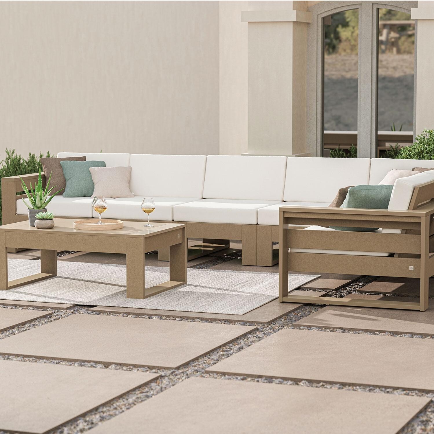 Latitude 4 Person Sectional Sofa in Vintage White/Dune Burlap By PW Designer Series - Shown in Vintage Sahara/Dune Burlap Finish - Backyard - Right View - Lifestyle thumbnail