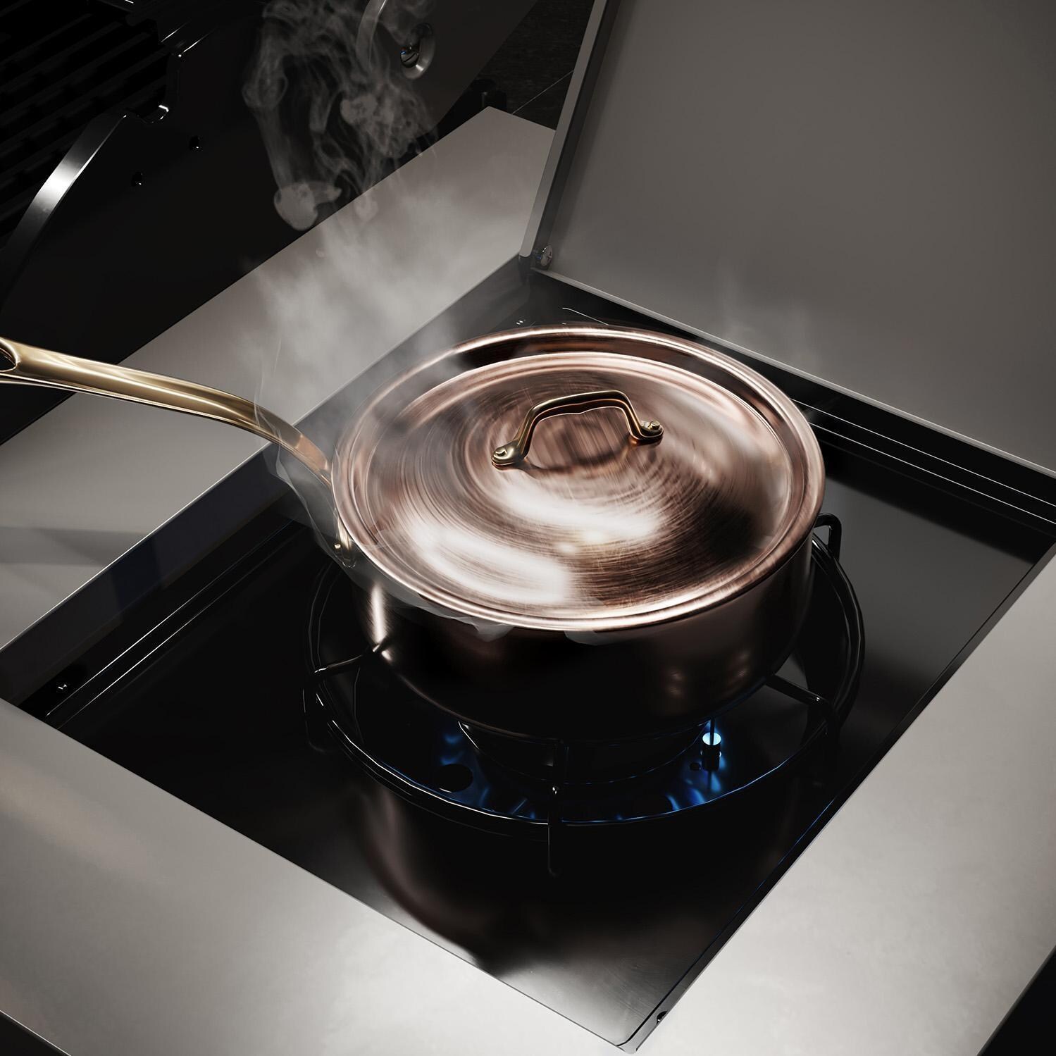 TYTUS Fresno Series Gunmetal Gray & Graphite Stone Natural Gas Grill Island (Ships Propane w/ Conversion Kit) - Pot Burner - In Use - Detail thumbnail