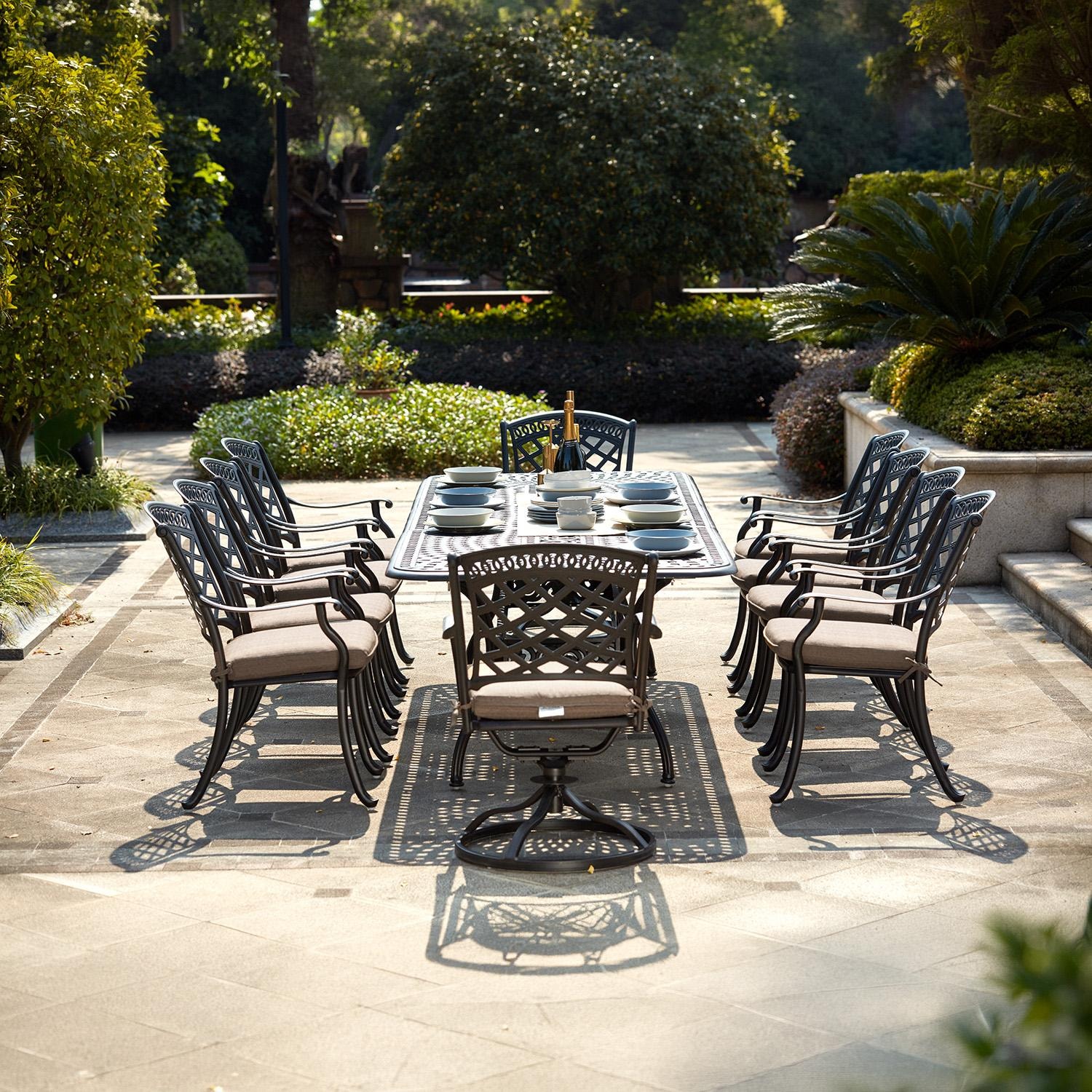 Sedona 11 Pc Cast Aluminum Dining Set w/ 92 X 42 Inch Series 60 Extension Table & 2 Swivel Rockers in Antique Bronze/Beige Canvas by Darlee