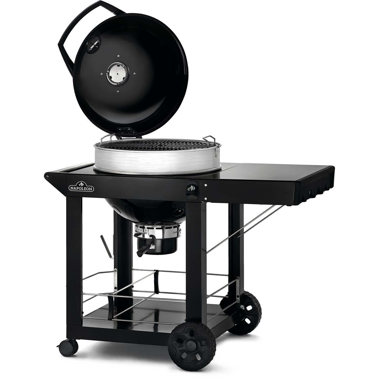 Napoleon PRO22K-CART-3 PRO 22 Inch Cart Model Charcoal Kettle Grill - Black W/Cart - Angled Lid Open - White Background thumbnail