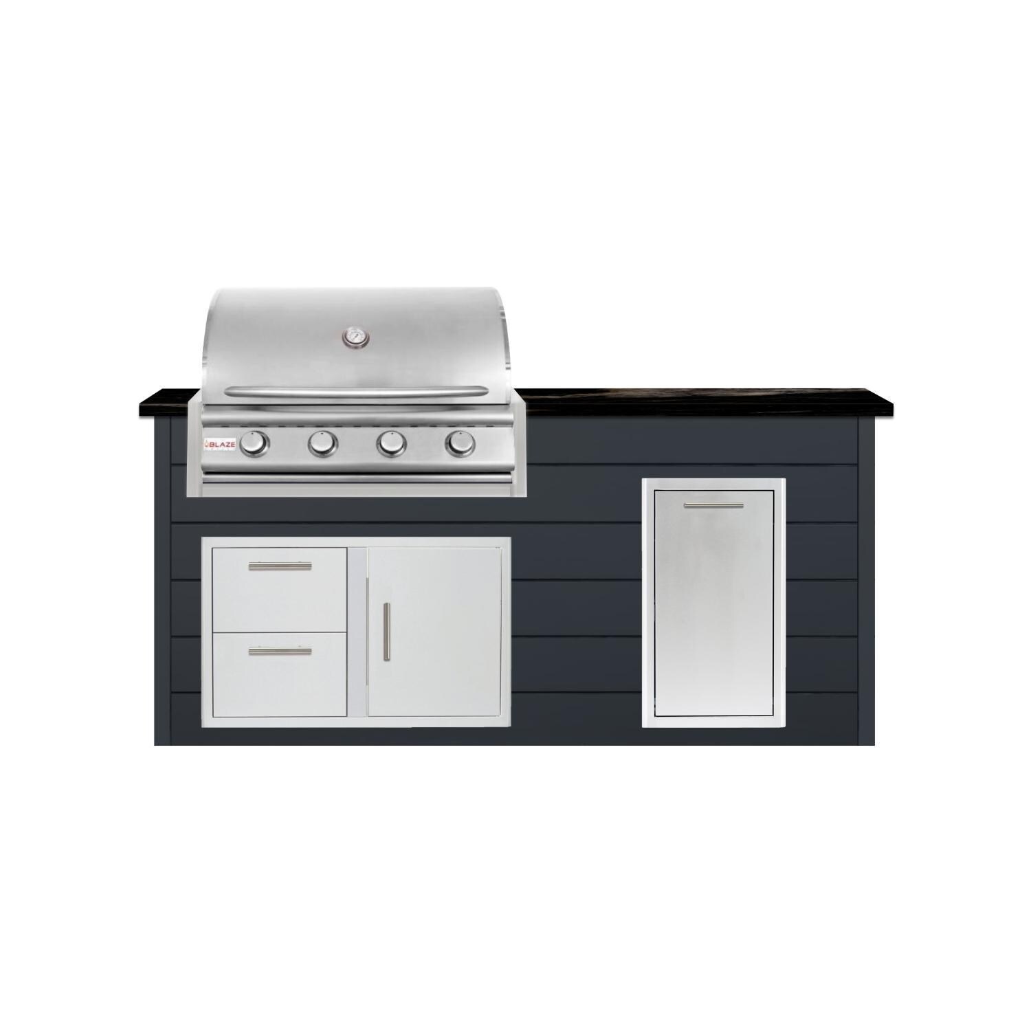 BBQGuys Signature 6 Ft Grill Island w/ 32 Inch Propane Blaze Prelude LBM Grill, Narrow Trash Bin & Door & Drawer | Asphalt Gray w/ Nero Mist Granite - Front - White Background thumbnail