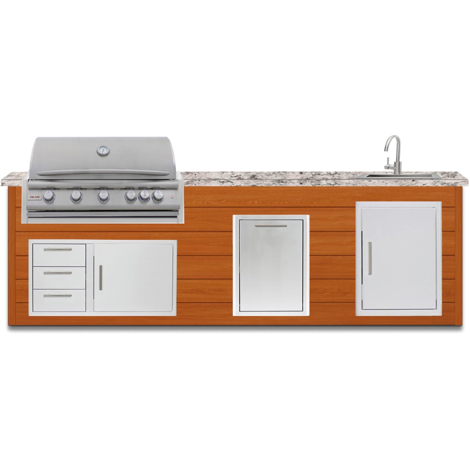 BBQGuys Signature 10 Ft Outdoor Kitchen Island w/ 40 Inch Natural Gas Blaze LTE+ Grill , Sink & Double Trash Bin | Chai Cedar w/ White Granite