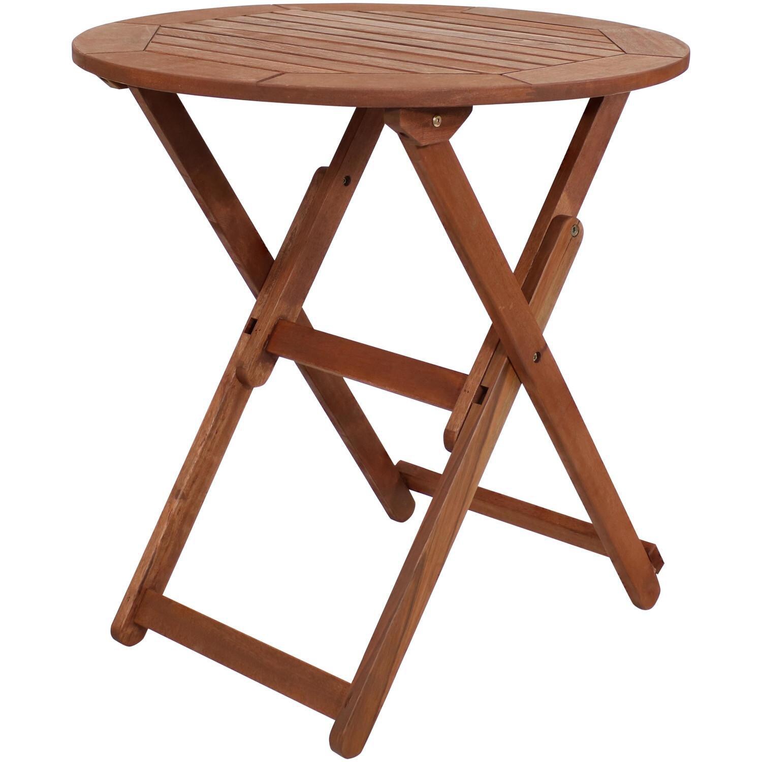 Ultimate Patio 27 1/2-Inch Round Meranti Wood Folding Outdoor Bistro Table W/ Teak Oil Finish - Angled View thumbnail