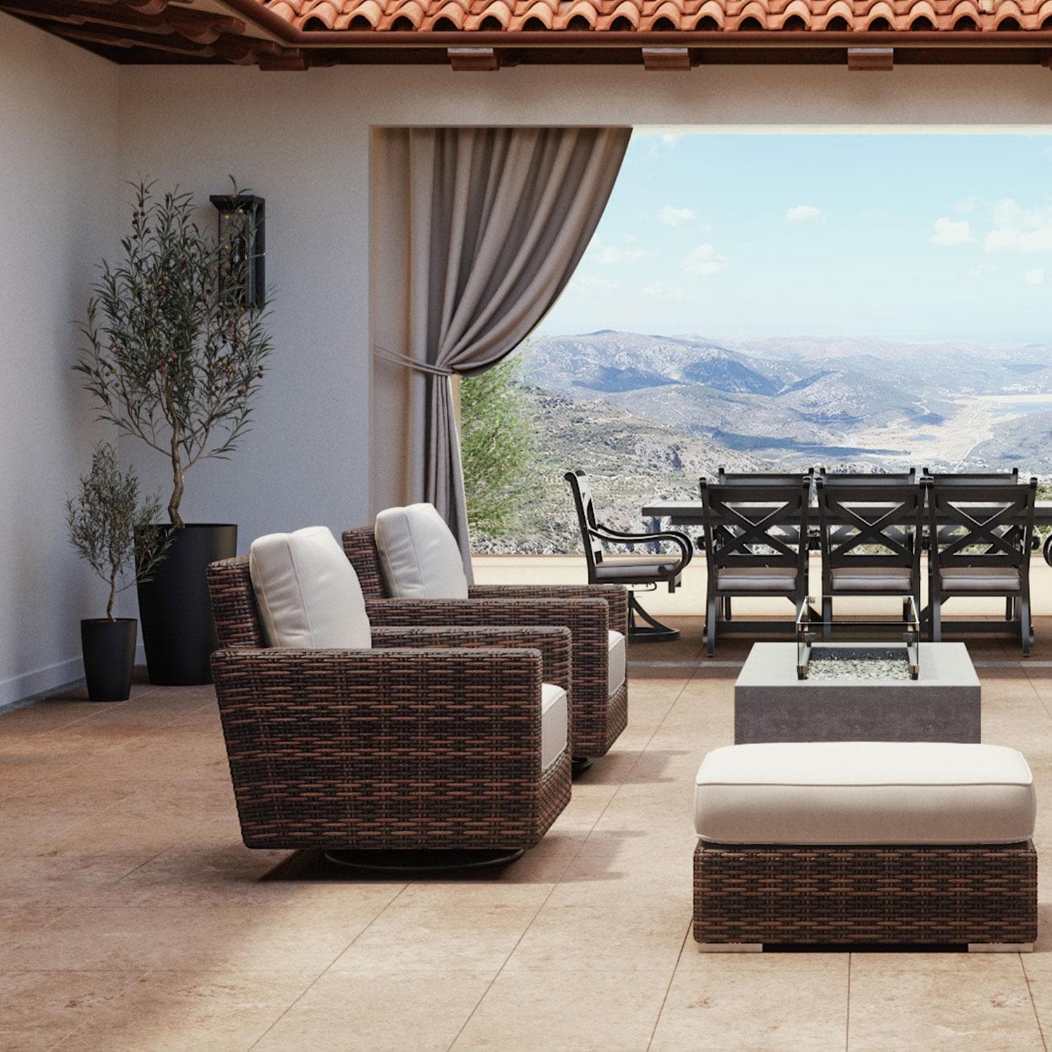 Montecito Wicker Patio Swivel Rocker Club Chair W/ Sunbrella Canvas Flax Cushions By Sunset West - Under Porch (Ottoman Not Included, Only Club Chair) - Lifestyle thumbnail