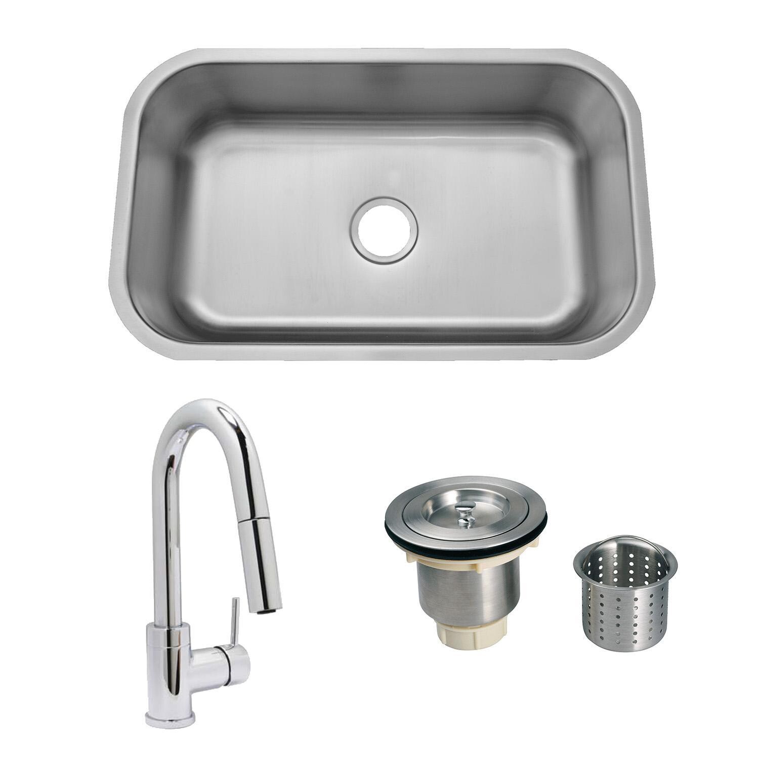 Huntington Brass FA-868 + HBK1823301-J + LI-XD Futura 30 X 18 Stainless Steel Outdoor Sink with Huntington Brass Dual Spray European Style Pull Down Faucet and Strainer Basket - Bundle - White Background thumbnail