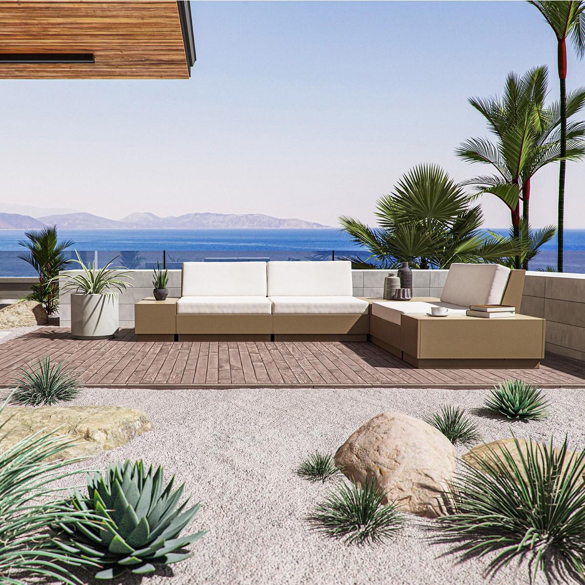 Elevate 6 Pc Recycled Plastic Sectional Seating Set in Vintage White/Navy Linen By PW Designer Series - On the Patio (Shown in Vintage Sahara/Dune Burlap) - Lifestyle thumbnail