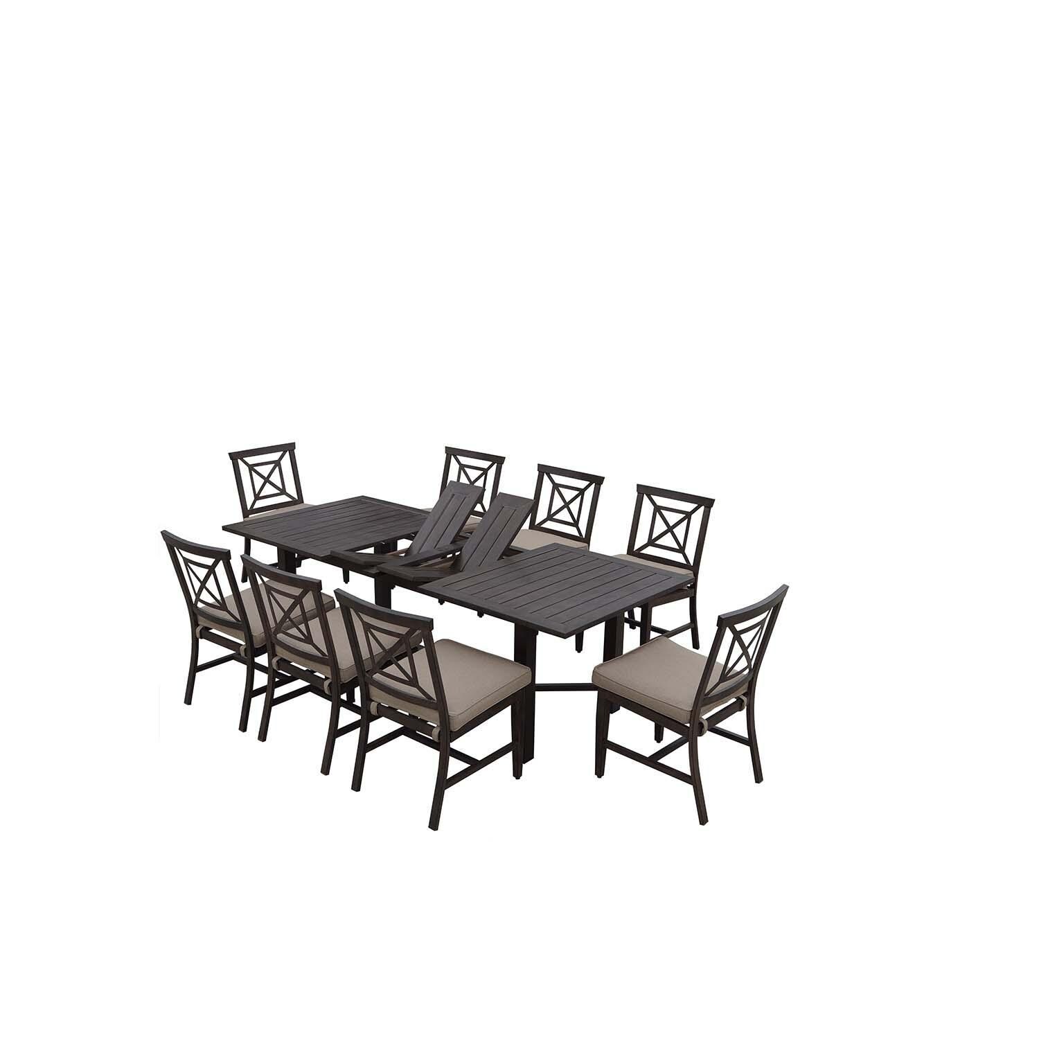 Atlantis 9 Pc Aluminum Dining Set w/ 91 Inch Table and Beige Cushions in Walnut By Darlee - Table Extension w/Chairs - White Background thumbnail