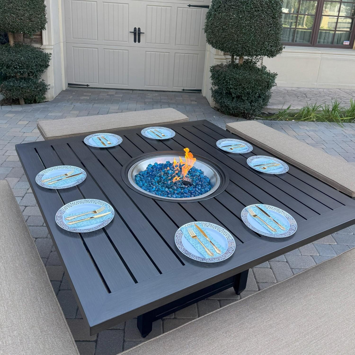 Brooklyn 5 Pc Aluminum Dining Set w/ 60 Inch Square Propane Fire Pit Table in Sesame/Multi-brown by Darlee - Table Close Up - Lifestyle thumbnail