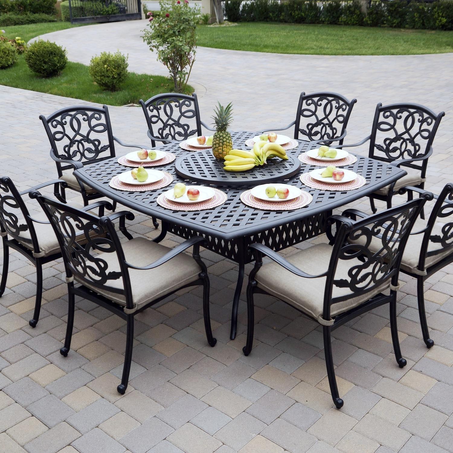 Darlee Santa Monica 10 Pc Cast Aluminum Dining Set w/ 64 Inch Square Series 30 Table & Lazy Susan in Antique Bronze/Beige Canvas by