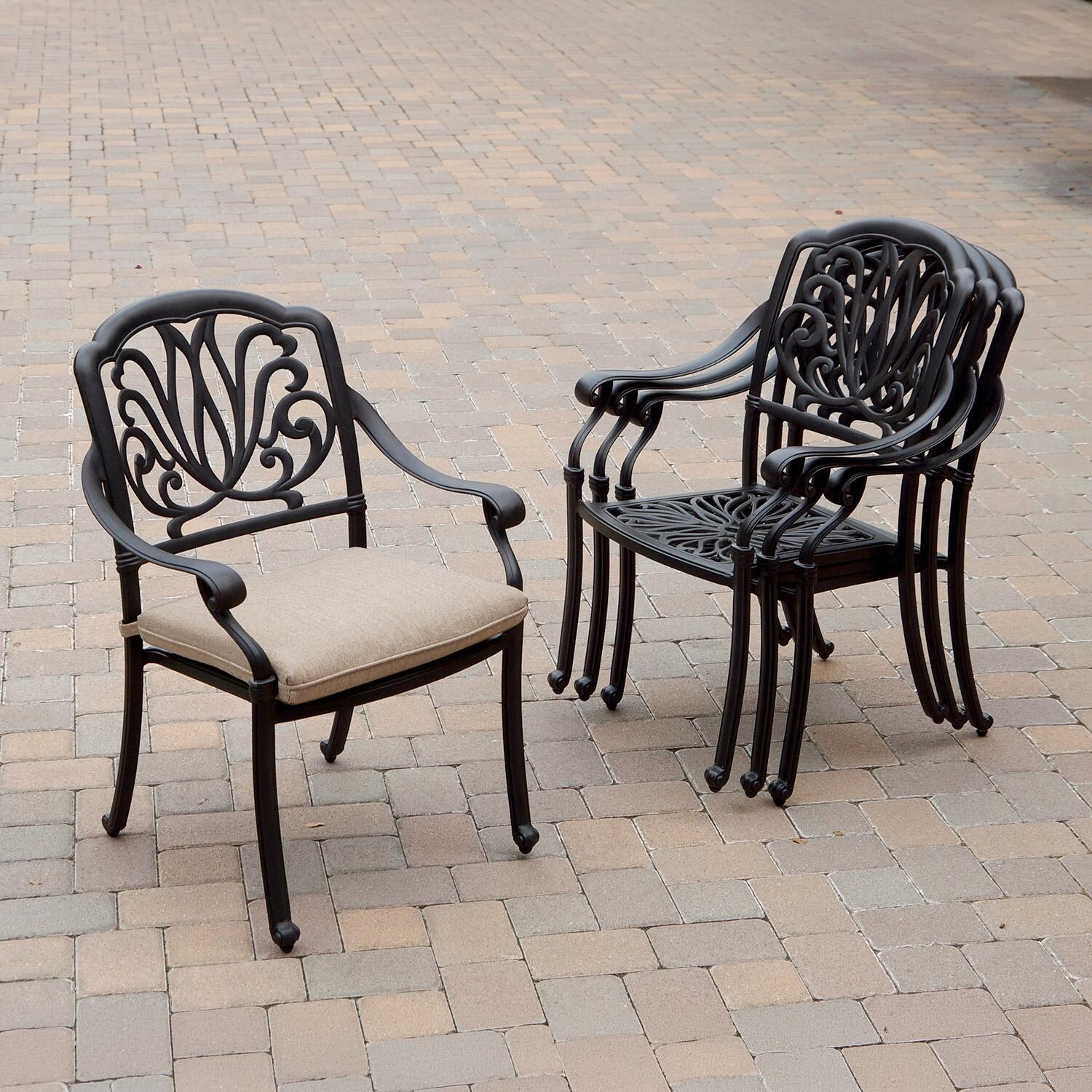 Darlee Elisabeth 5 Pc Cast Aluminum Dining Set w/ 48 Inch Series 30 Table in Antique Bronze/Beige - Chairs Stacked - Lifestyle thumbnail