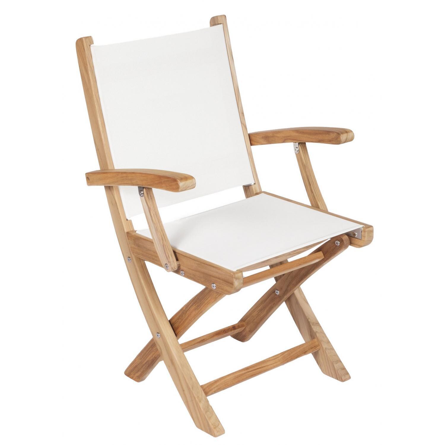 Royal Teak Collection SailMate Folding Teak Patio Dining Arm Chair With White Sling thumbnail