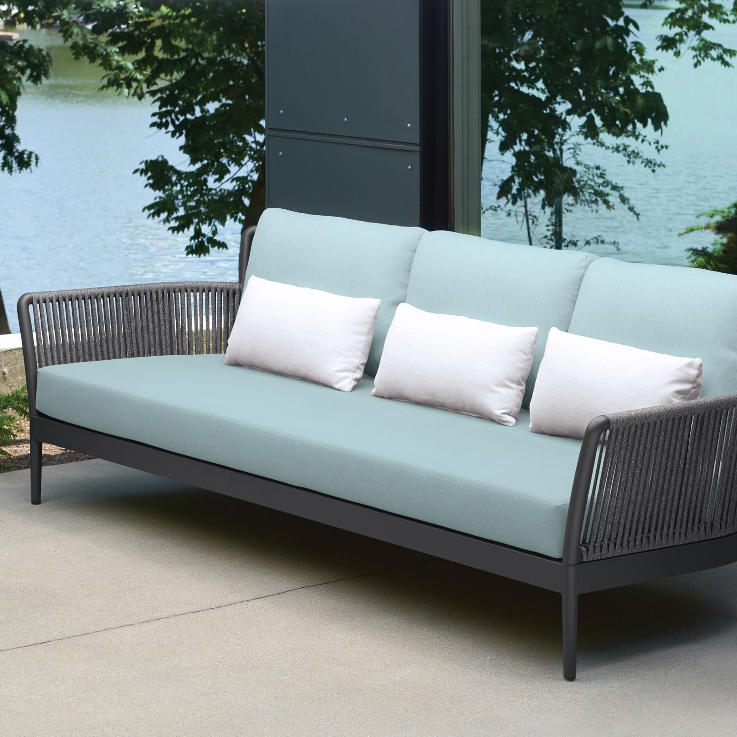 Nette Woven Rope Sofa w/ Lumbar Pillows in Carbon/Seafoam by Oxford Garden