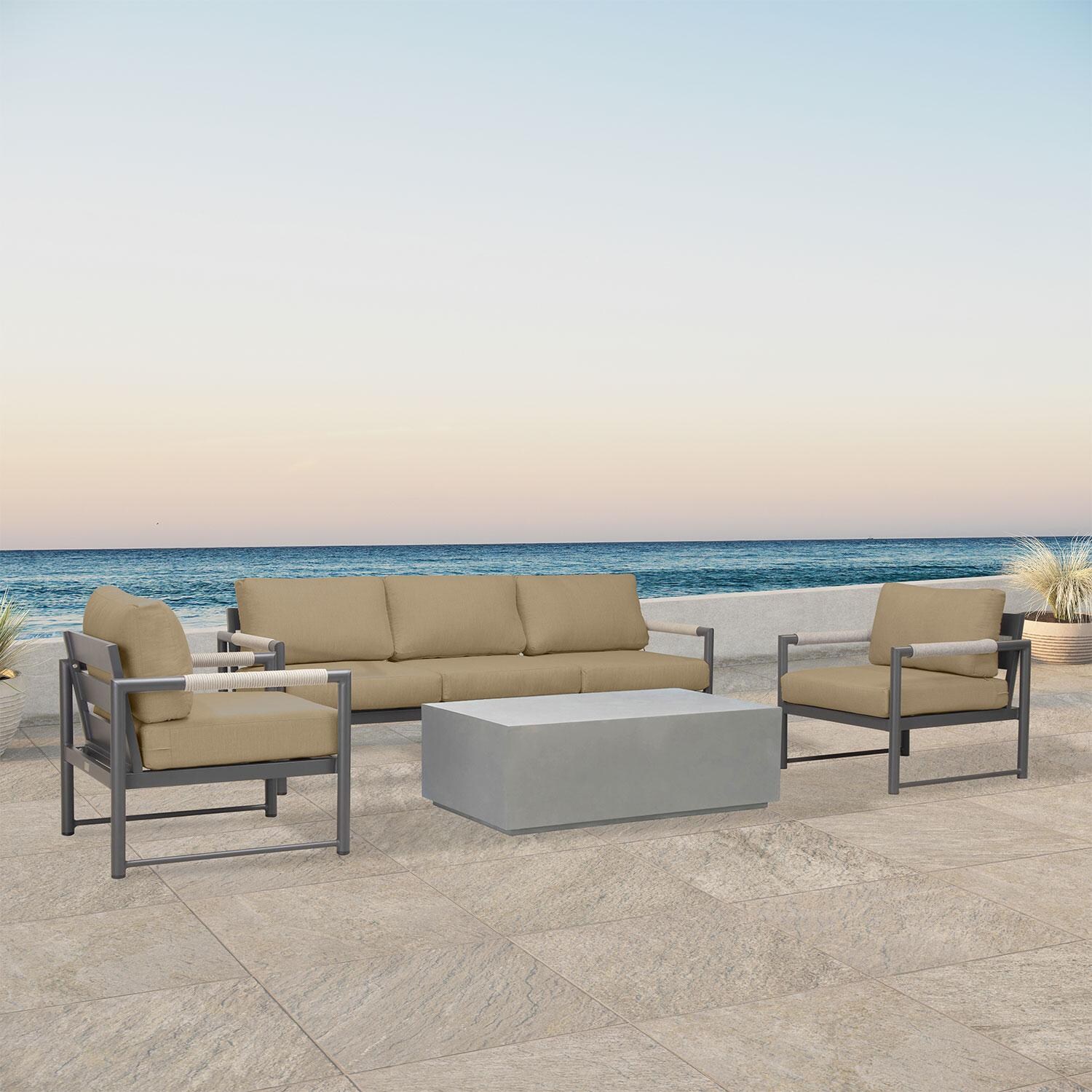 Lakeview AVEBAY-SL-PG-SET135-HB Avenue Bay Slate/Pebble Gray 4 Pc Sofa Set - Harvest Beige - Angled On Patio - Lifestyle thumbnail