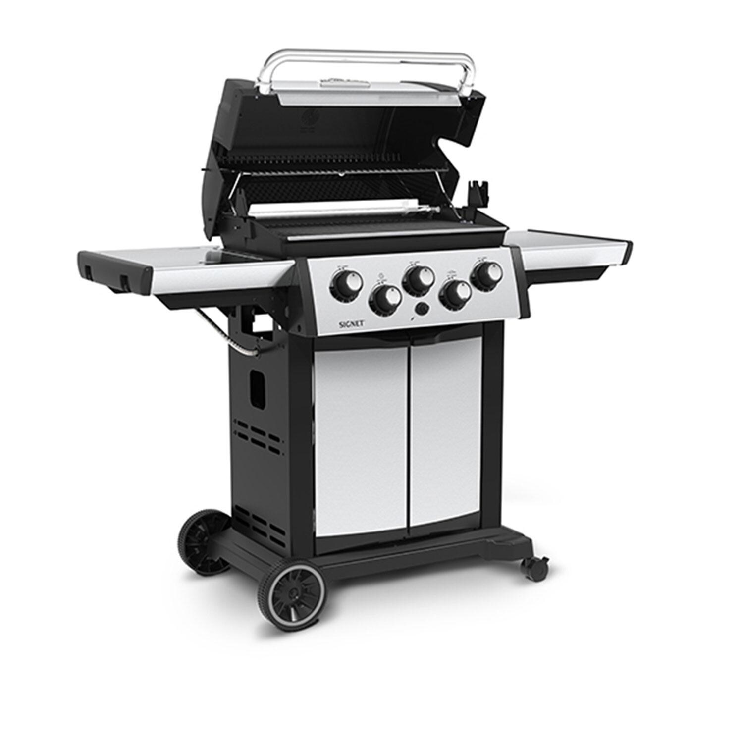 Broil King 946884 23 1/2 Inch Signet 390 Propane Gas Grill - Lid Up - Angled Right - White Background thumbnail