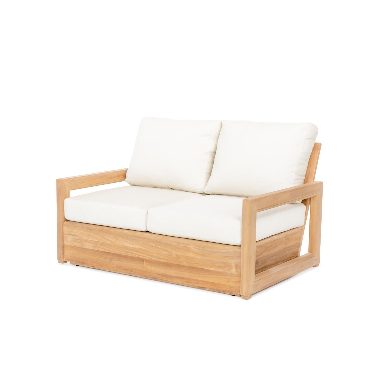 Teak + Table Relax Loveseat in Sand - Angled View With Cushions - White Background thumbnail