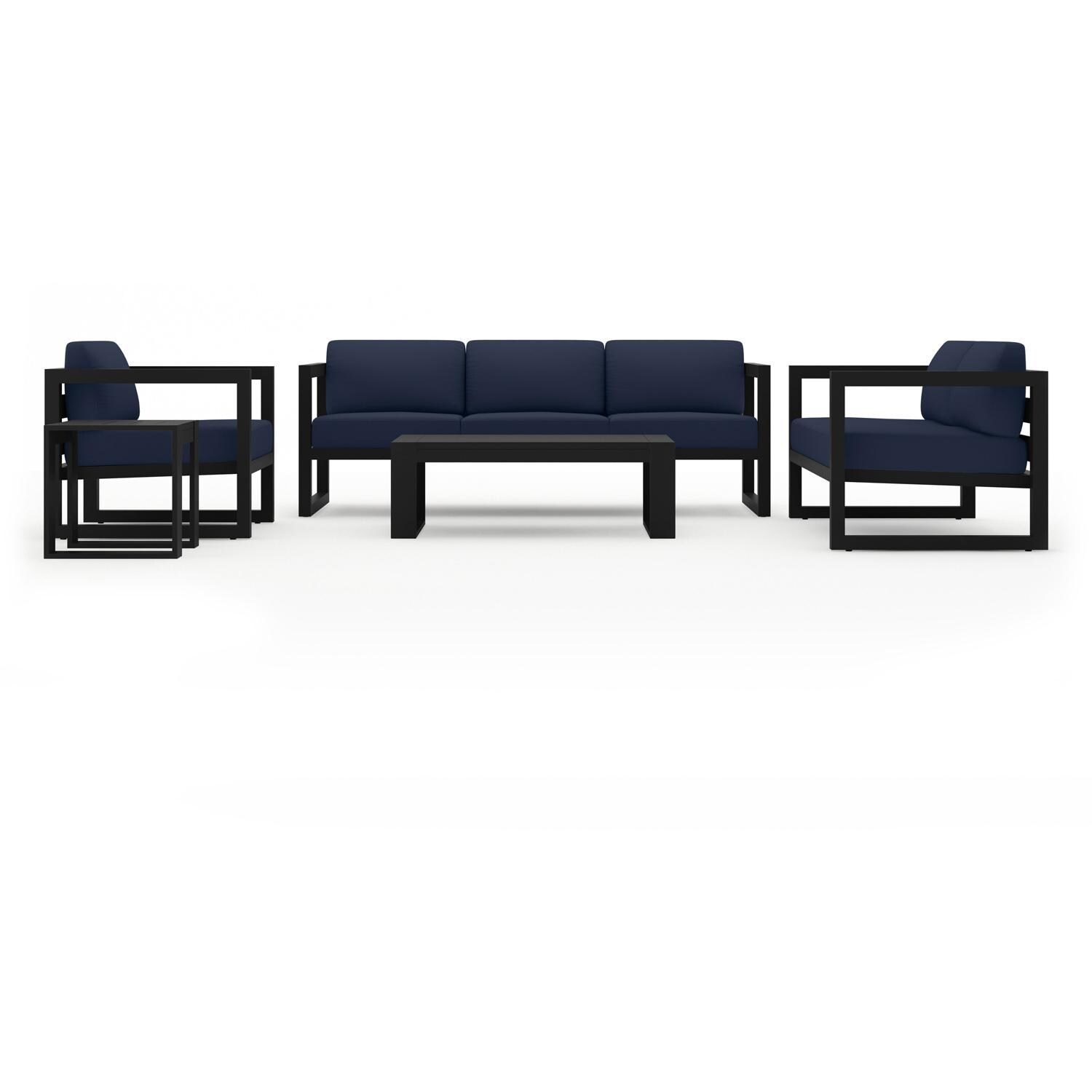 Lakeview MSTYCV-BK-5SS-IN Misty Cove 5 Pc Aluminum Seating Set in Black w/Portal Coffee Table & Spectrum Indigo Cushions by Lakeview Outdoor Designs - Front View - White Background thumbnail