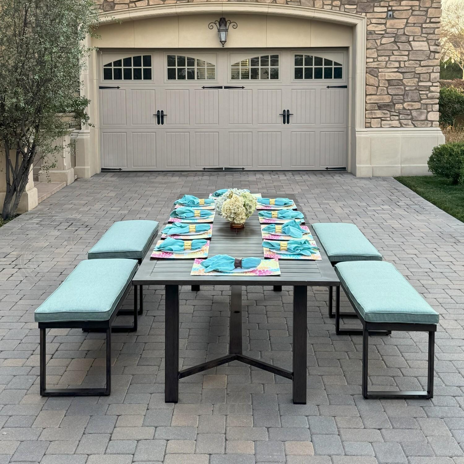 Atlantis 5 Pc Aluminum Dining Set w/ 4 Two Person Benches & Extension Table in Walnut/Spa by Darlee - On Patio - Lifestyle thumbnail