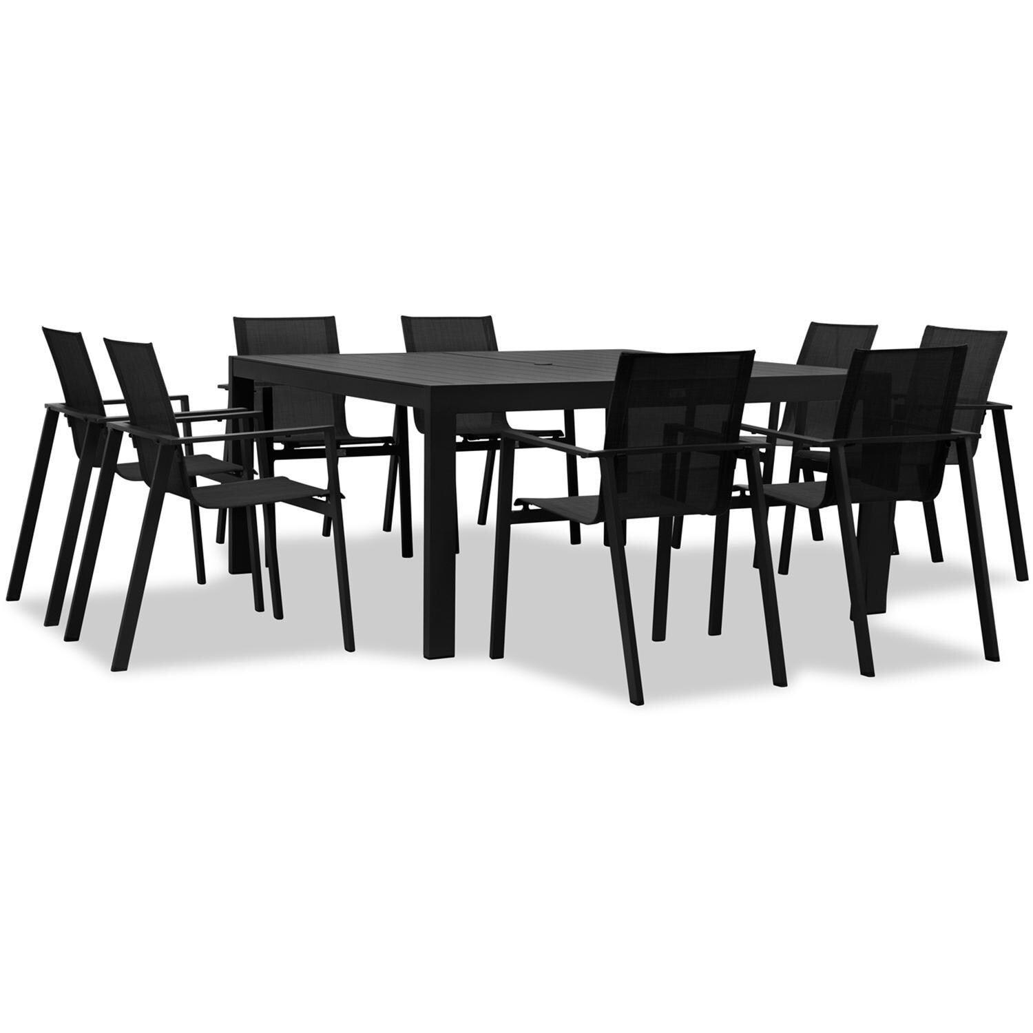 Spring Bay 8 Seat Square Dining Set in Black - Angled View - White Background thumbnail