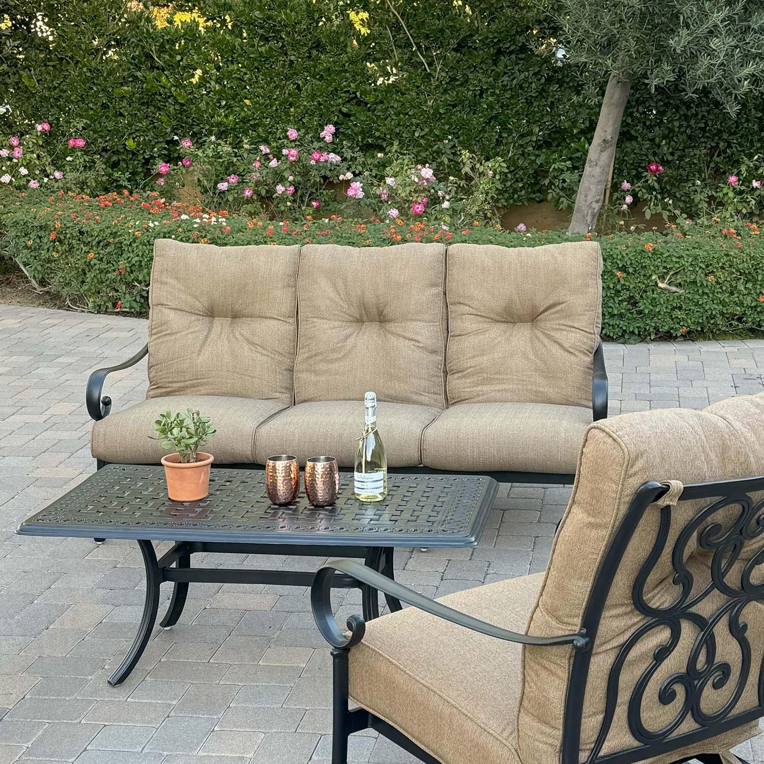 Santa Anita 4 Pc Cast Aluminum Seating Set w/ Swivel Rockers in Antique Bronze/Sesame by Darlee - Detail thumbnail