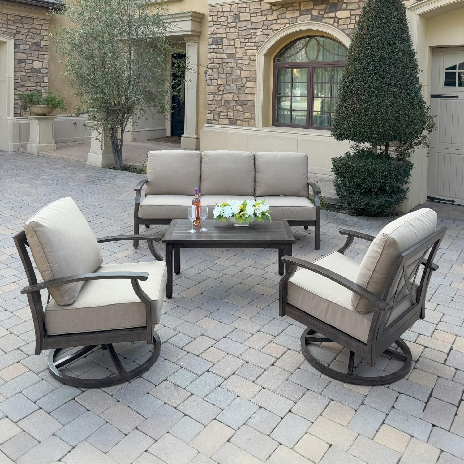 Atlantis 4 Pc Aluminum Seating Set w/ Sofa & 2 Swivel Rocker Club Chairs in Walnut/Beige by Darlee - Hero - Lifestyle thumbnail