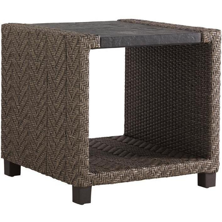 Tommy Bahama 3230-953 Blue Olive Wicker Patio Square End Table w/ Weatherstone Top - Side thumbnail