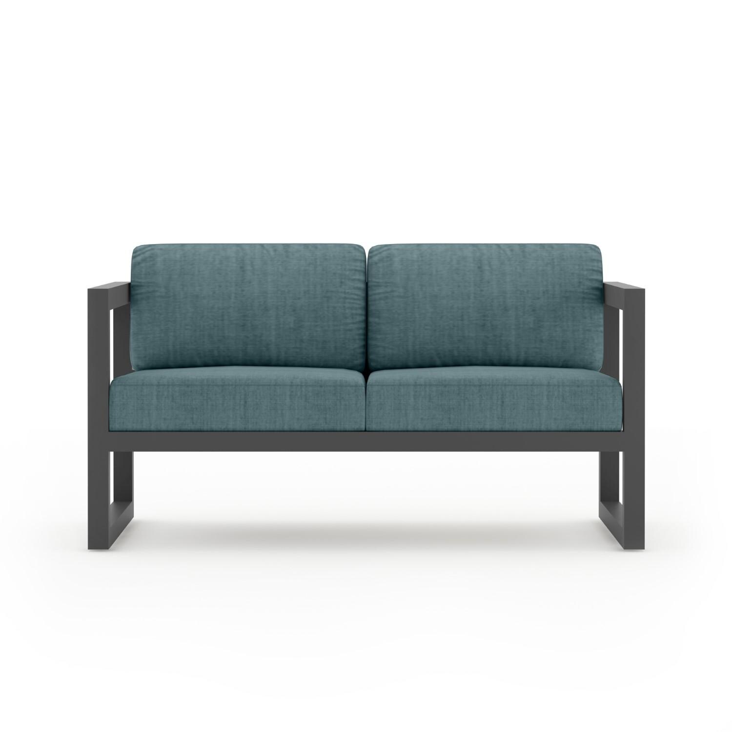 Misty Cove 4 Pc Aluminum Loveseat Set in Slate W/ Cast Lagoon Cushions & Portal Coffee Table By Lakeview - Loveseat - White Background thumbnail