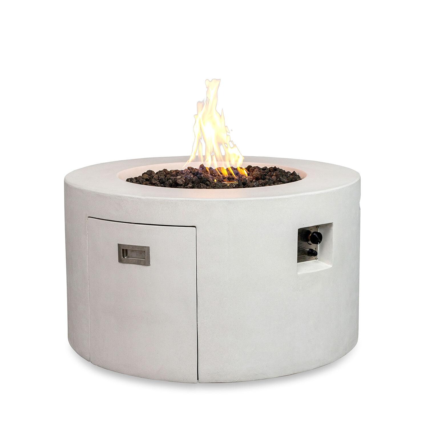 Glenwood 42-in Round Concrete Propane Gas Fire Pit w/ Access Door in White by Lakeview Outdoor Designs - Hidden Propane Tank Side - White Background thumbnail