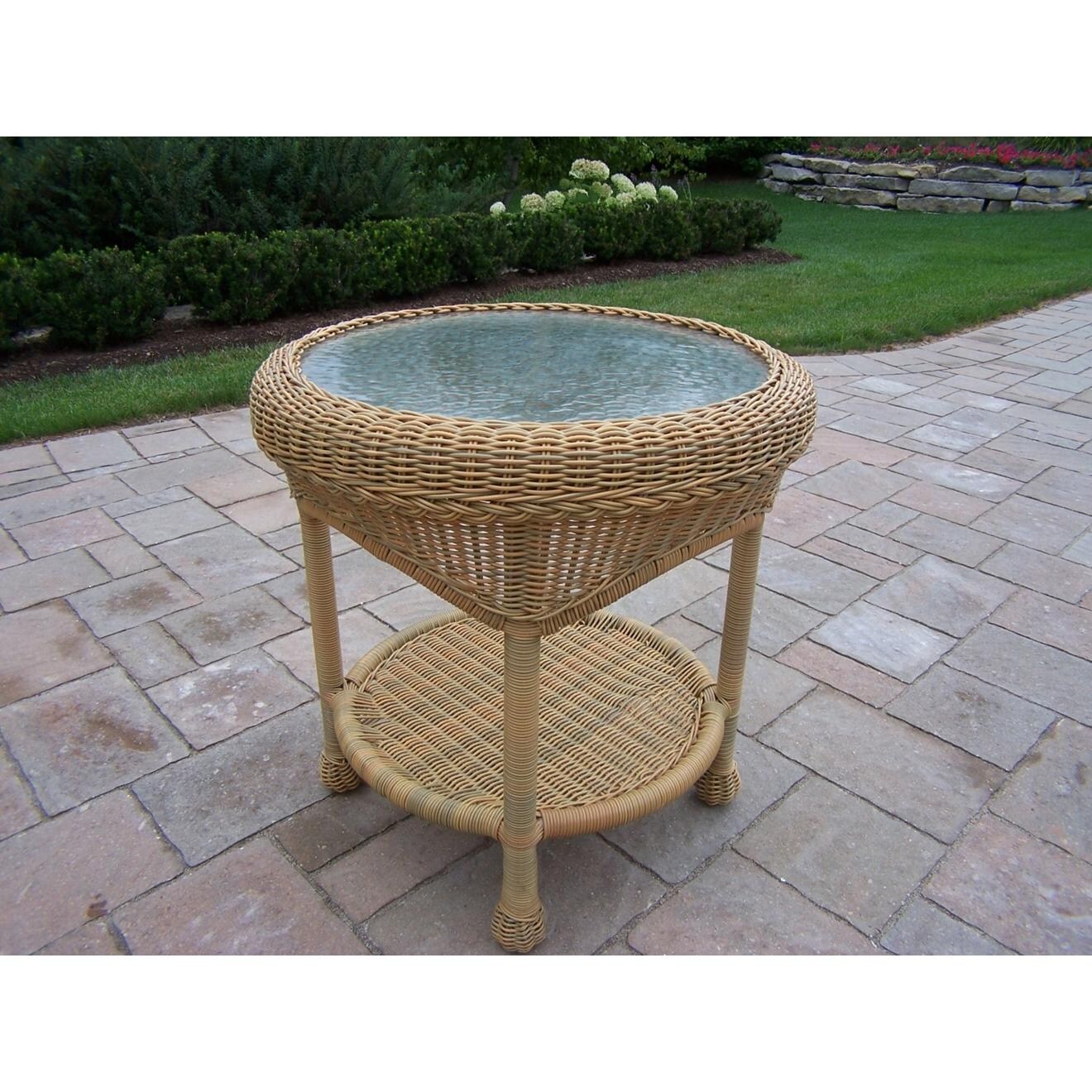 Oakland Living Resin Wicker Patio End Table With Glass Top Honey