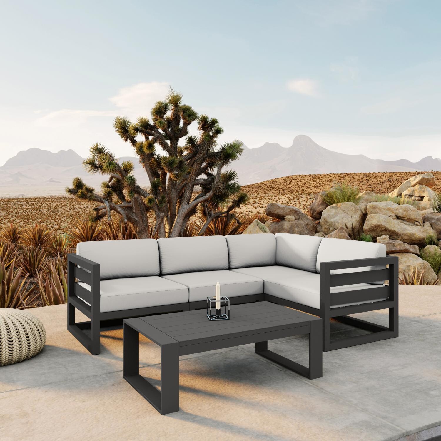 Misty Cove 5 Piece Sectional Set in Slate w/Portal Coffee Table & Canvas Natural Cushions by Lakeview - Lifestyle thumbnail
