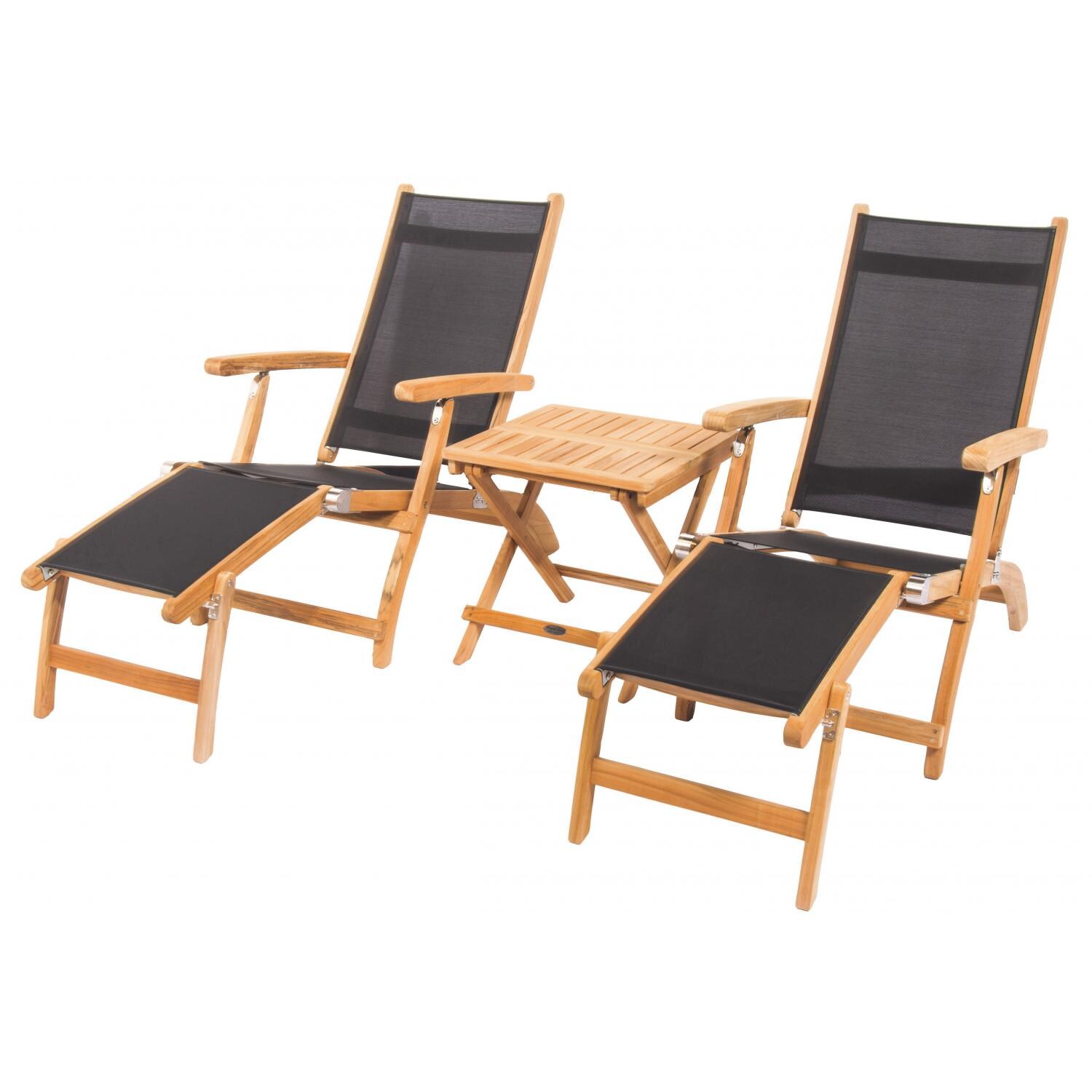 Royal Teak Collection 3 Piece Steamer Teak Patio Chaise Lounge Set W/ Side Table - Black Sling thumbnail
