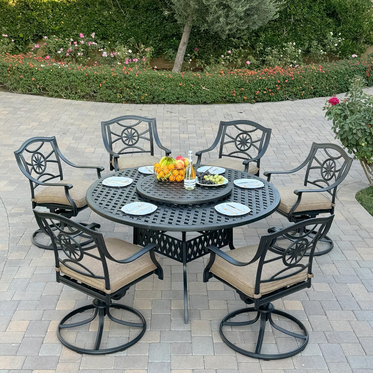 Ten Star 8 Pc Cast Aluminum Dining Set w/ Lazy Susan in Antique Bronze By Darlee