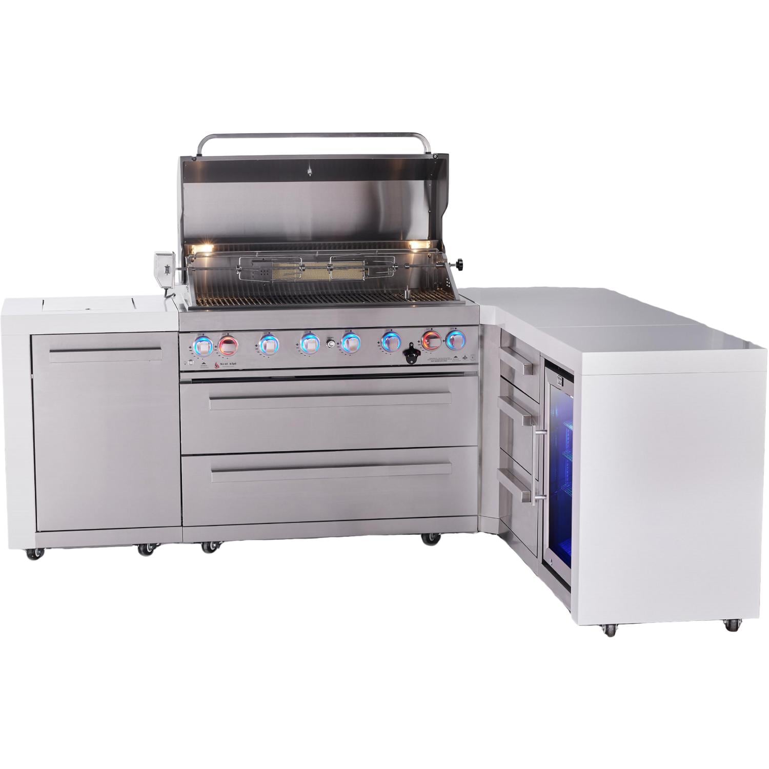 Mont Alpi Deluxe Series 7 Ft L-Shaped Natural Gas Outdoor Kitchen Island w/ 44-in Grill, Side Burner, Fridge & Triple Drawer (Ships Propane w/ Conversion Kit) - Grill Open - White Background thumbnail