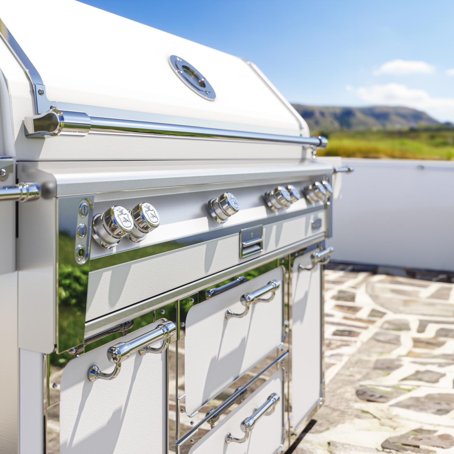 Officine Gullo BBQ56FS05 56-Inch OG Professional Propane Grill Cart in Arancia di Sicilia - Freestanding Grill Shown in White From the Side Close Up - Lifestyle thumbnail