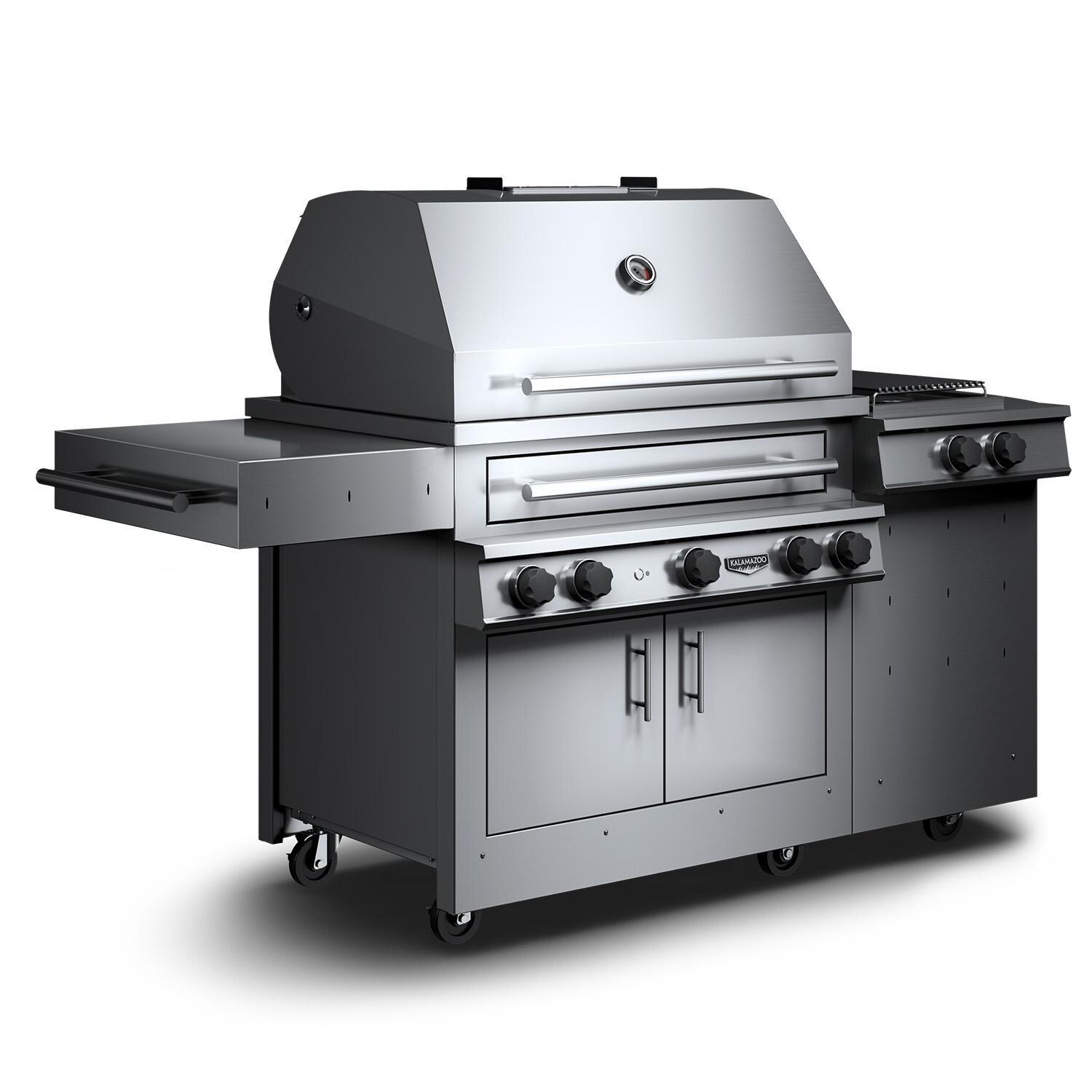 Kalamazoo K750HS Freestanding Hybrid Fire Grill w/ Side Burner - 30 lb Propane Cylinder - Marine Grade - Angled Right - White Background thumbnail