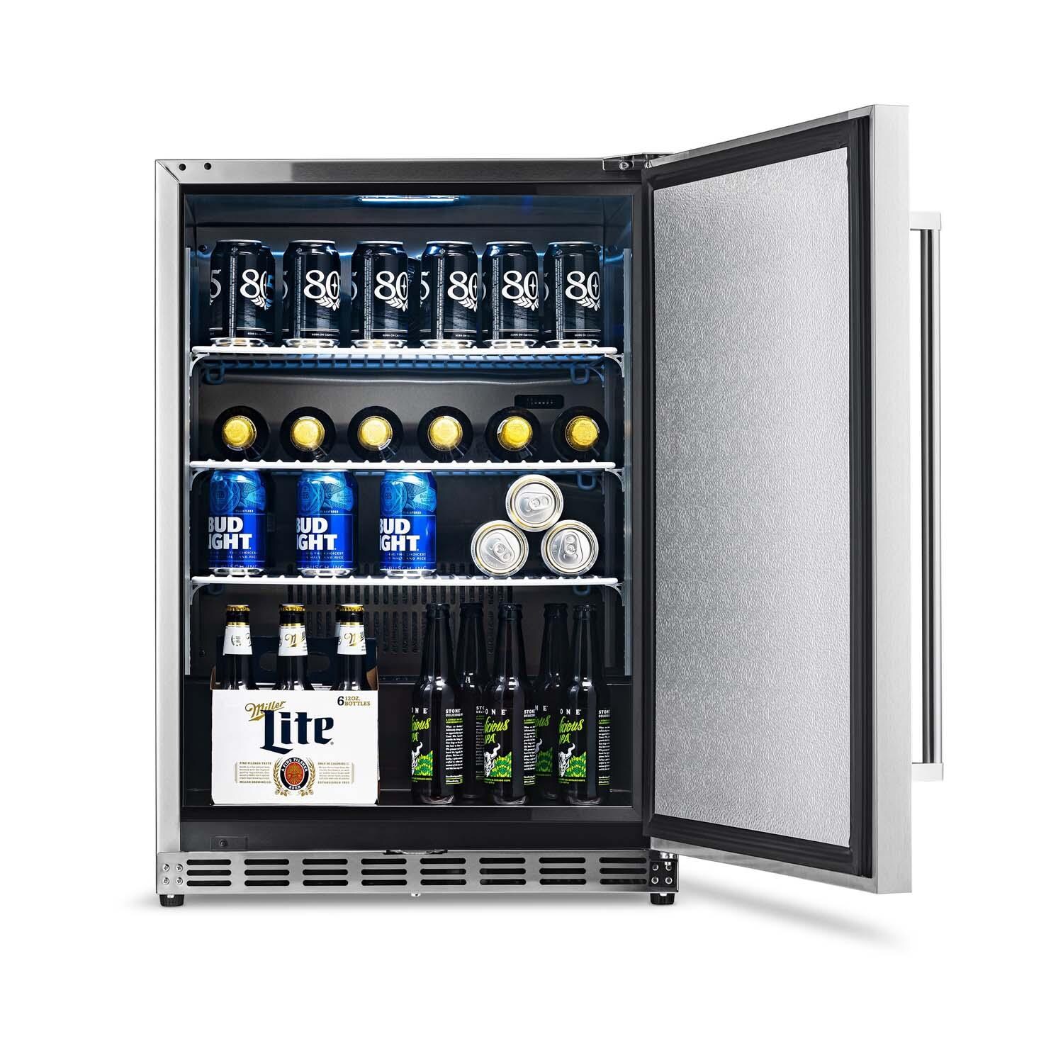 NewAir NCR053SS00 24 Inch 160 Can Right Hinge Commercial Built-in Outdoor Beverage Cooler - Stainless Steel - Shown w/Drinks Stored - White Background
