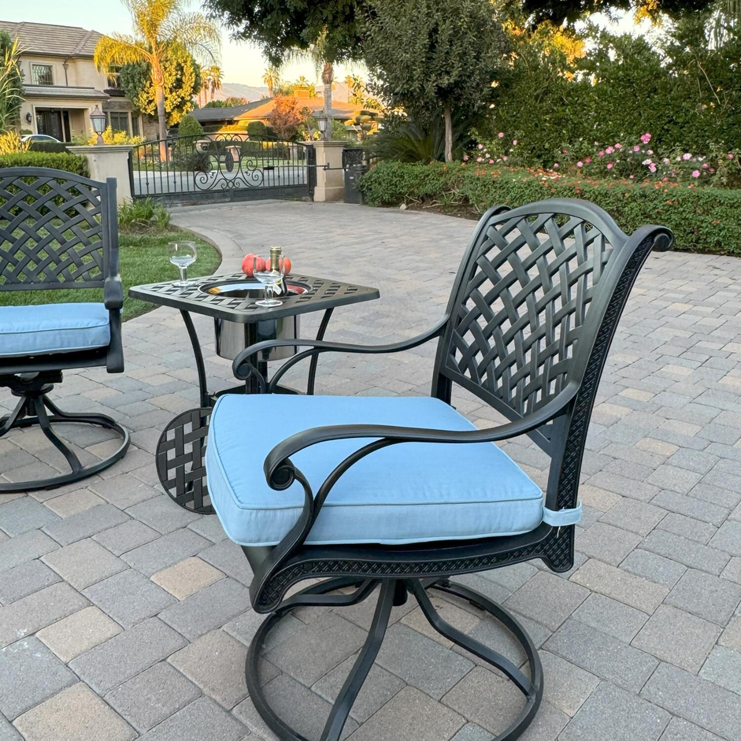 Darlee B/DL13-3PCR-30SQ-B Nassau 3 Pc Cast Aluminum Conversation Set w/ Rocker and Ice Bucket in Antique Bronze w/ Blue Cushions - Chair Angle - Lifestyle thumbnail