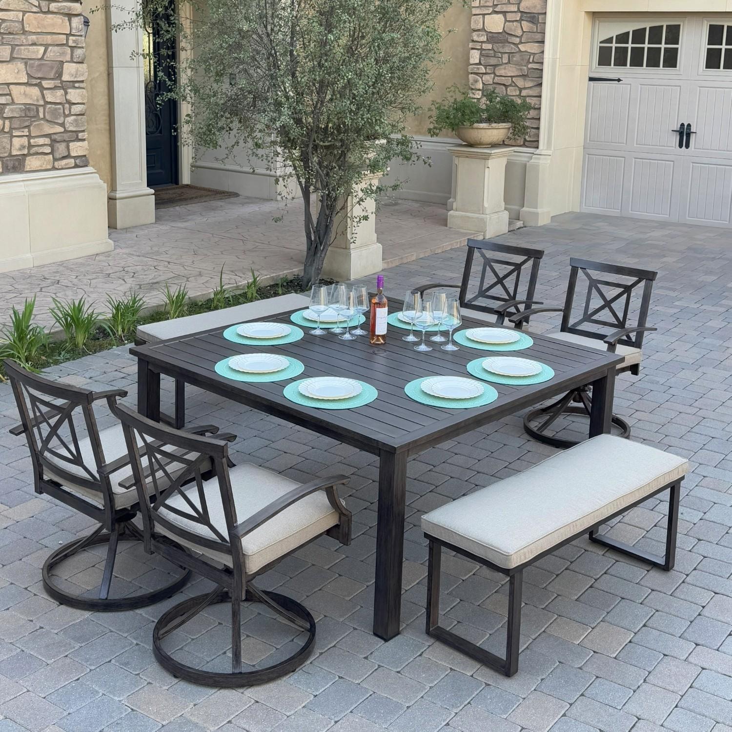 Atlantis 7 Pc Aluminum Dining Set w/ 4 Swivel Rocker Dining Arm Chairs & 2 Two Person Benches in Walnut/Beige by Darlee