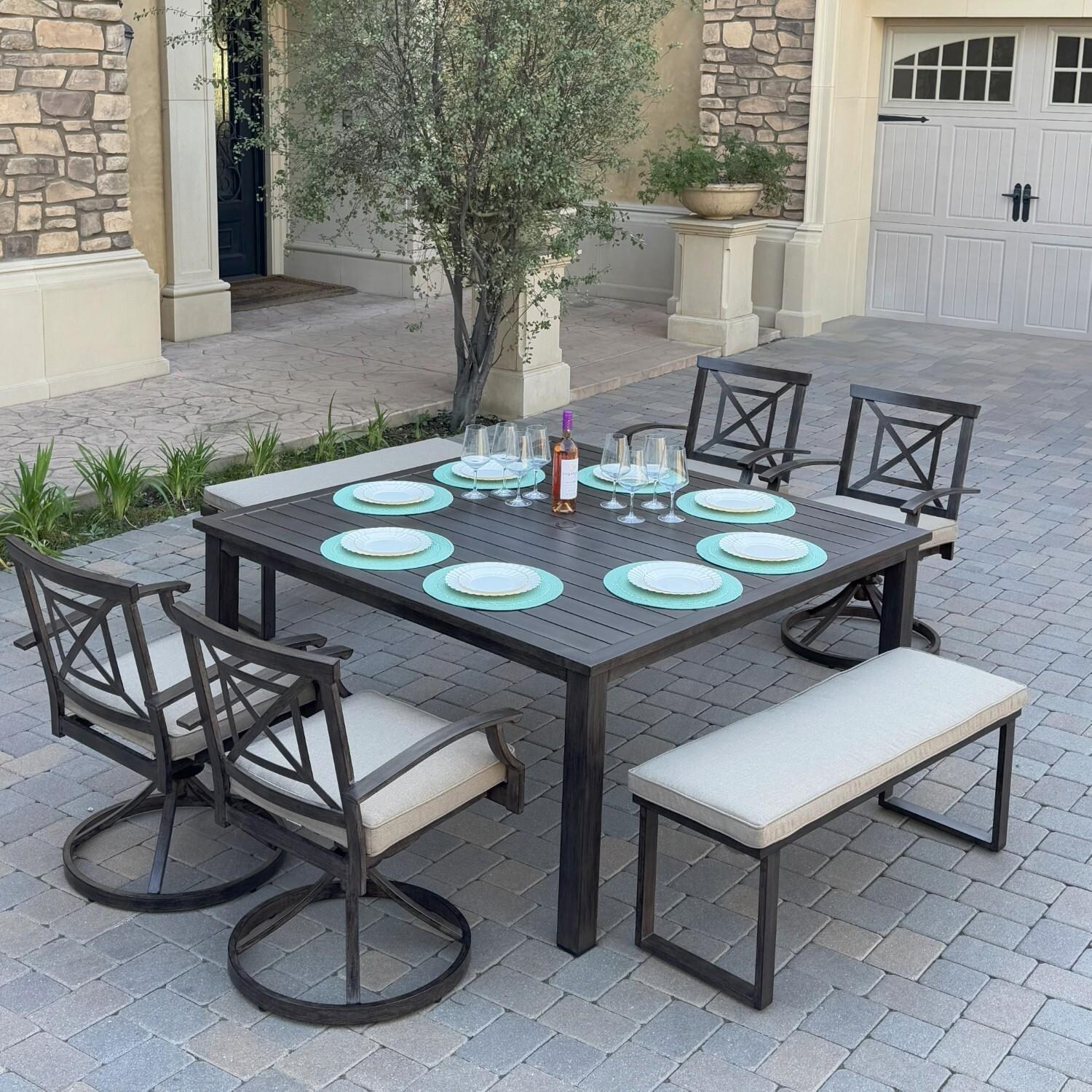 Atlantis 7 Pc Aluminum Dining Set w/ 4 Swivel Rocker Dining Arm Chairs & 2 Two Person Benches in Walnut/Beige by Darlee