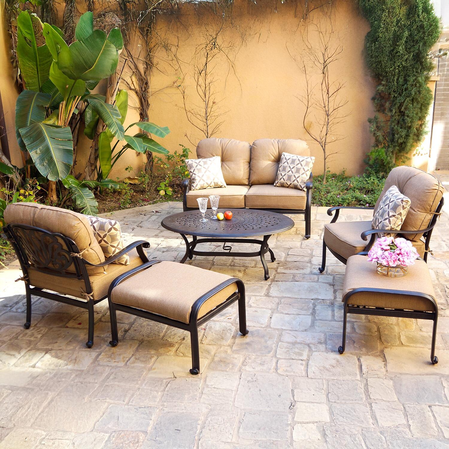 Elisabeth 6 Pc Cast Aluminum Loveseat Seating Set w/ 46 X 31 Inch Oval Table & Throw Pillows in Antique Bronze/Sesame by Darlee