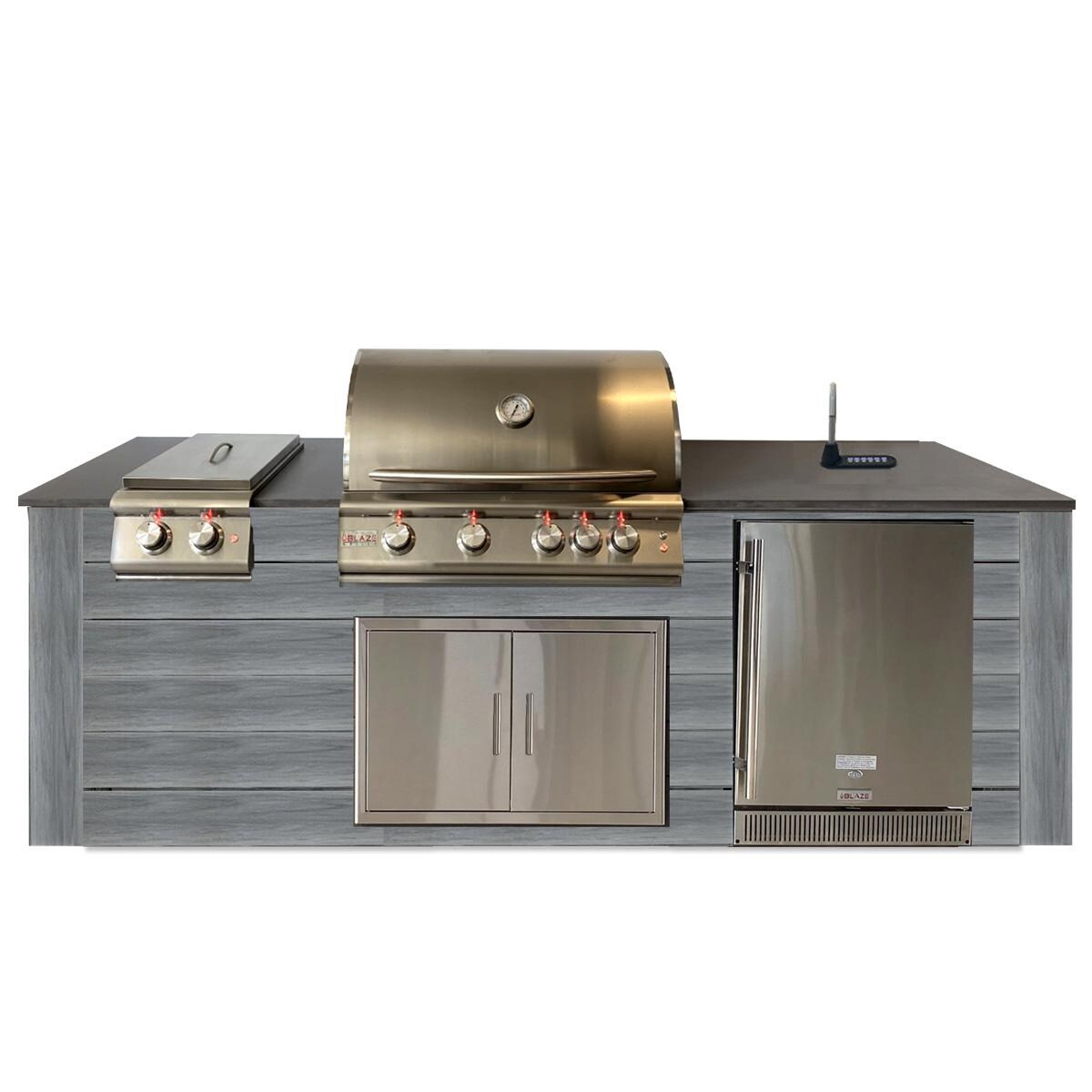 Pro-Fit 8-Foot Outdoor Kitchen Island W/ Blaze LTE 32-Inch Natural Gas Grill, Double Side Burner, Refrigerator & Beverage Dispenser - Driftwood Grey / Grigio Piombo Satin