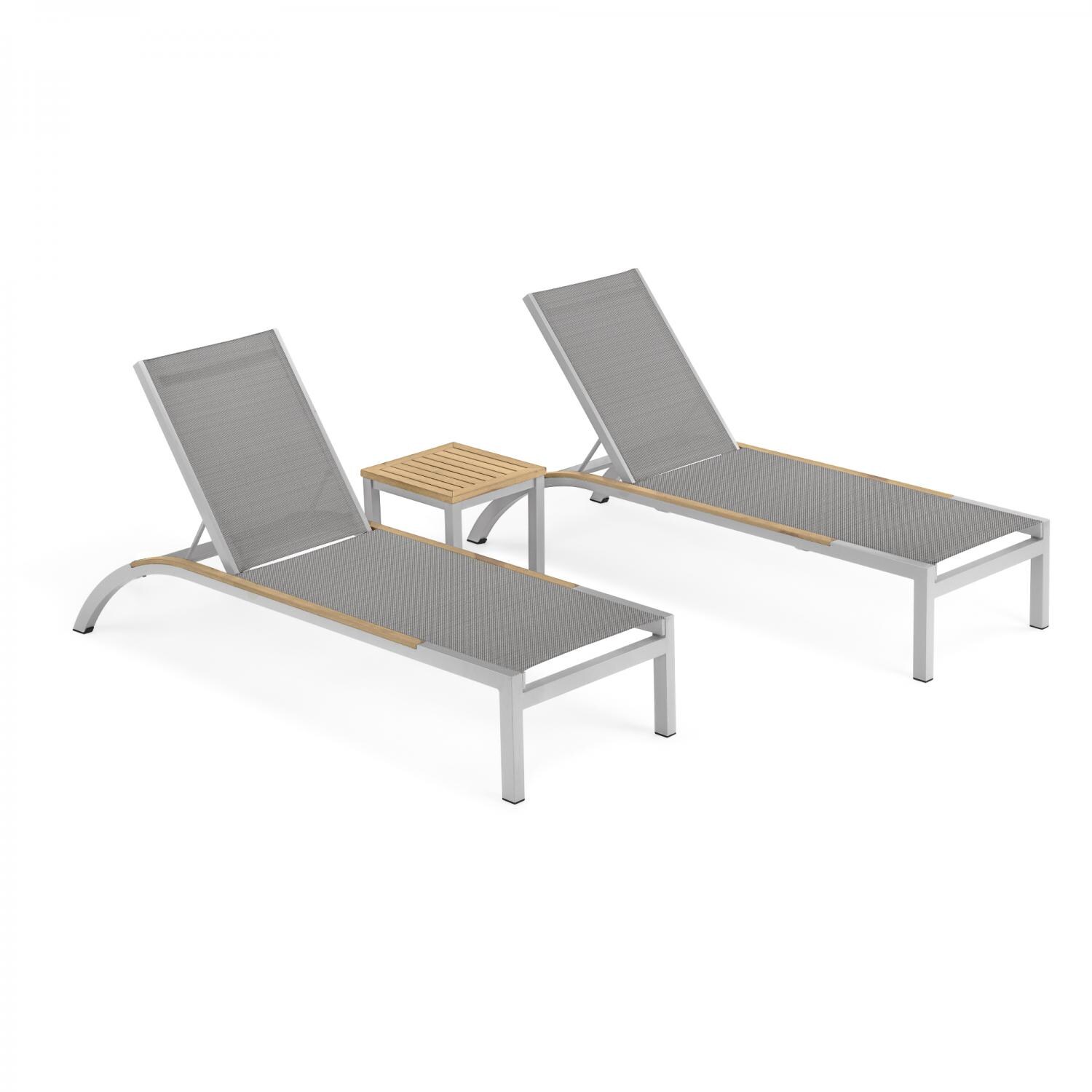 Argento 3 Piece Aluminum Patio Chaise Lounge Set W/ Tekwood Natural Side Rails & Tekwood Natural End Table By Oxford Garden - Titanium Sling image