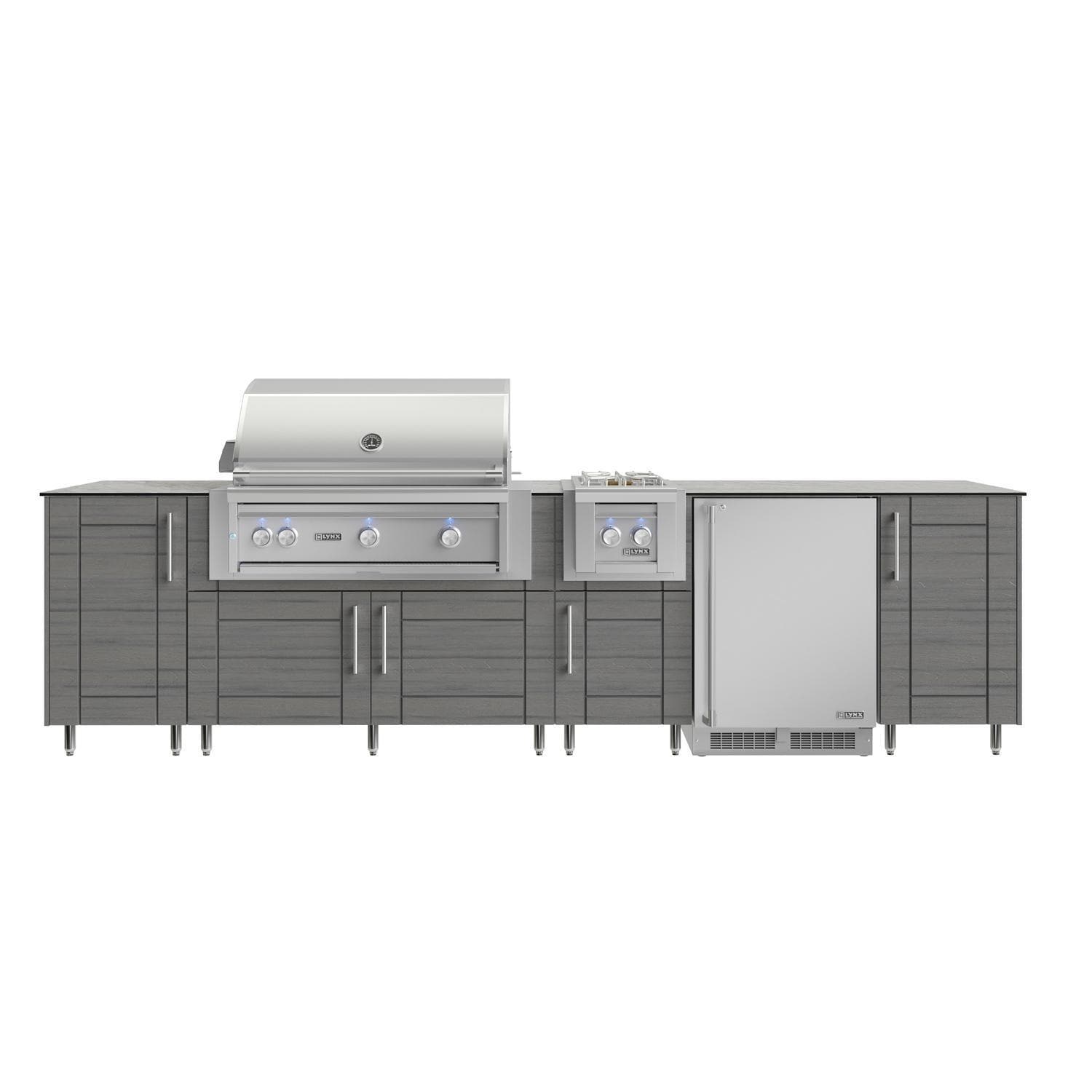 WeatherStrong Nassau 10 1/2 Ft Outdoor Kitchen Island w/ Lynx Propane Grill, Side Burner & Refrigerator in Dark Ash/Glacier Frost