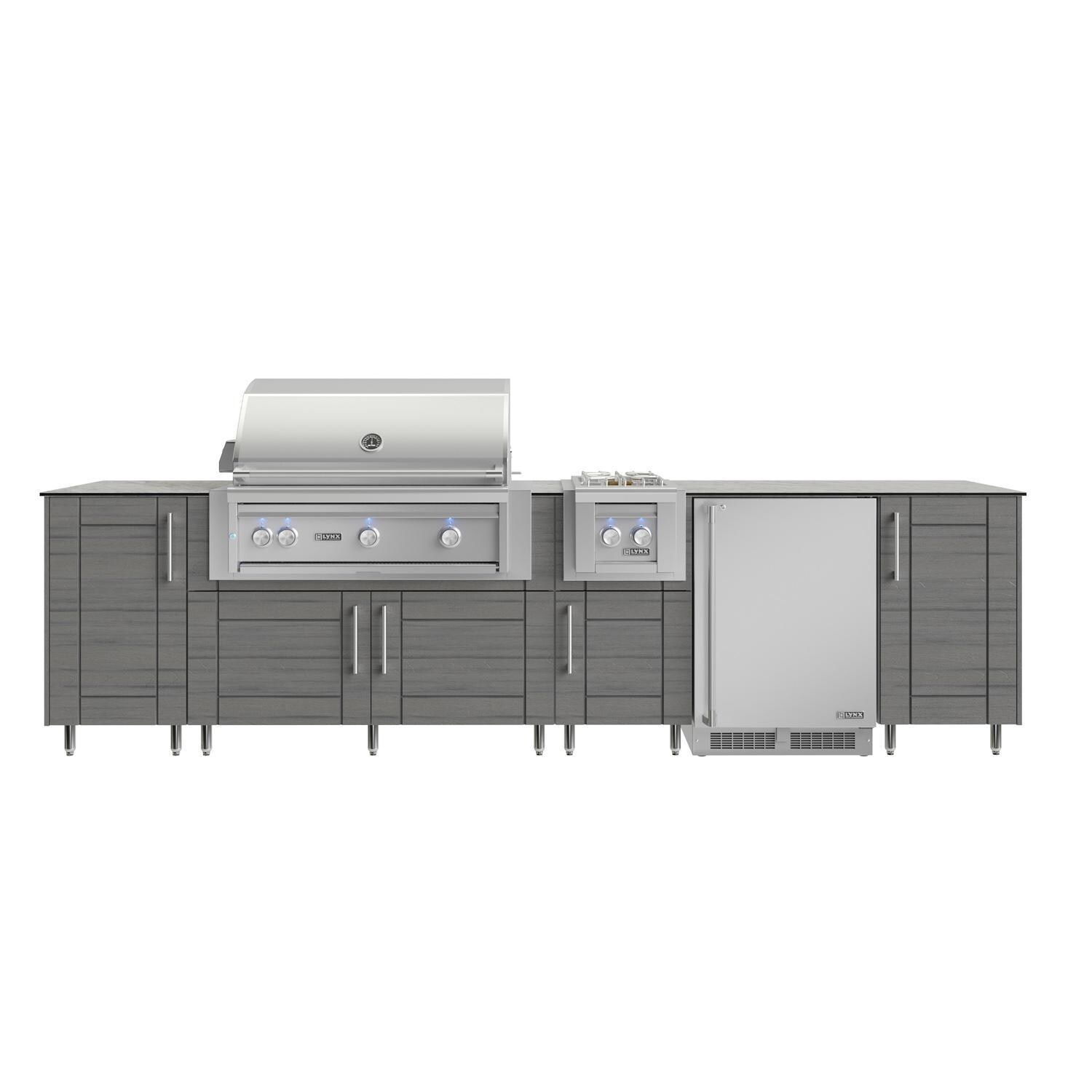 WeatherStrong Nassau 10 1/2 Ft Outdoor Kitchen Island w/ Lynx Natural Gas Grill, Side Burner & Refrigerator in Dark Ash/Glacier Frost