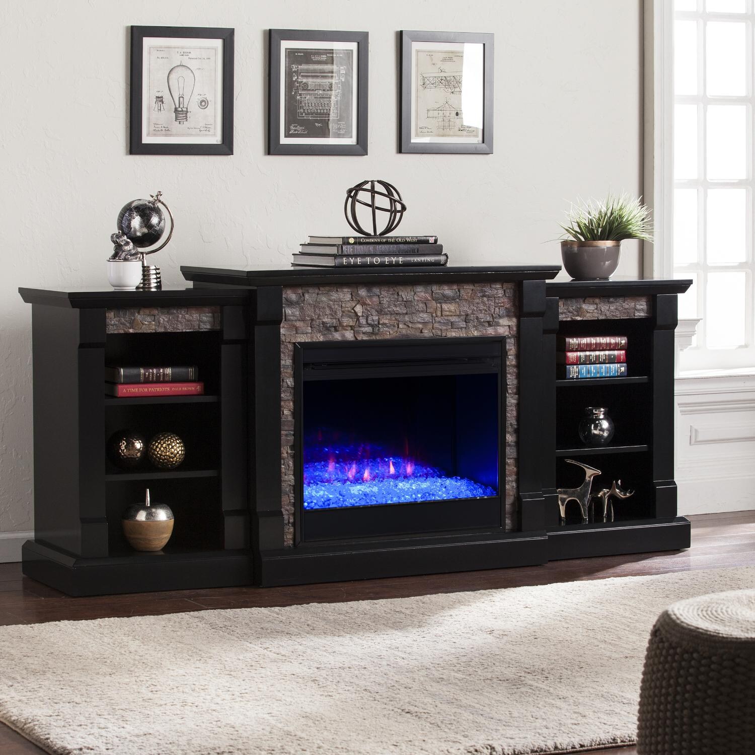 Southern Enterprises FC8525 Gallatin 71-Inch Color Changing Electric Fireplace W/ Bookcases - Satin Black W/ Black River Faux Stone thumbnail