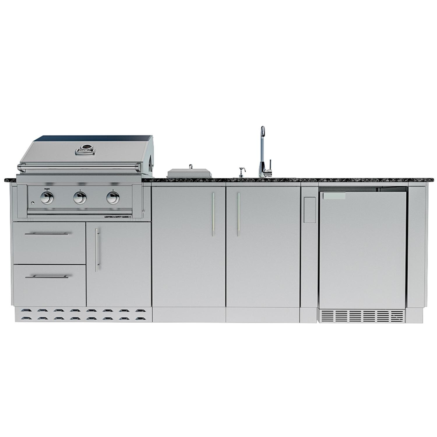 Sunstone Grills Bayou 8 1/2 Ft Outdoor Kitchen Island w/ Propane Grill & Side Burner, Sink, Refrigerator, Door & Drawer